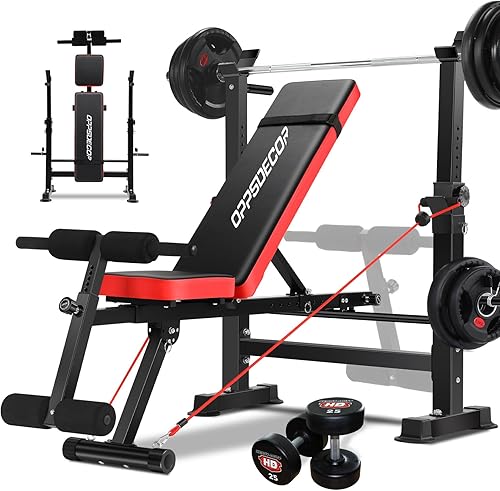 OPPSDECOR Adjustable Weight Bench Set, Multi-functional Bench Press Set with Squat Rack & Preacher Curl Pad & Dual Function Leg Developer, Incline