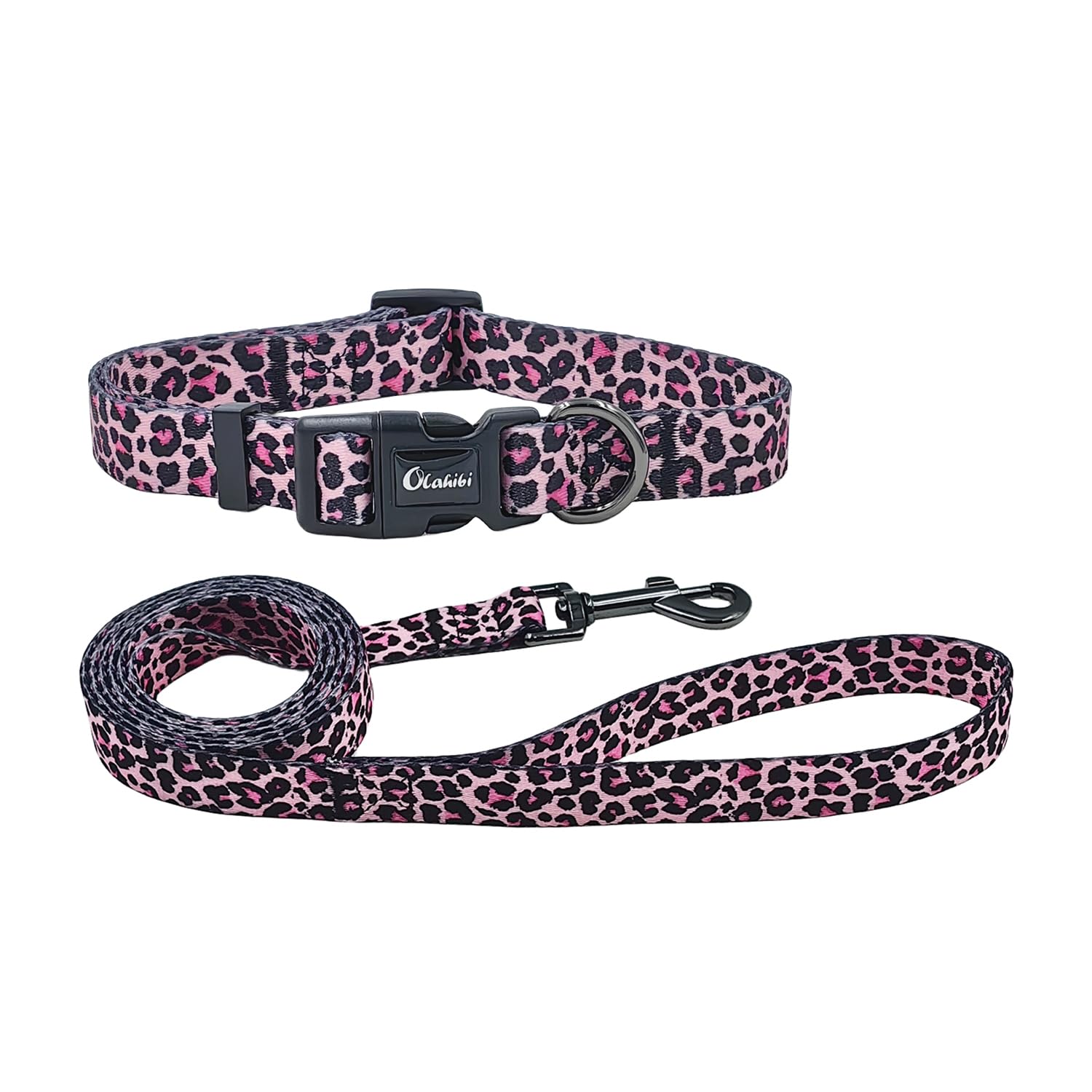 Olahibi Juego combinado de collar y correa para perro, patrón de leopardo, material de poliéster, correa a juego de 150 cm, para perros pequeños. (S, leopardo colorido)