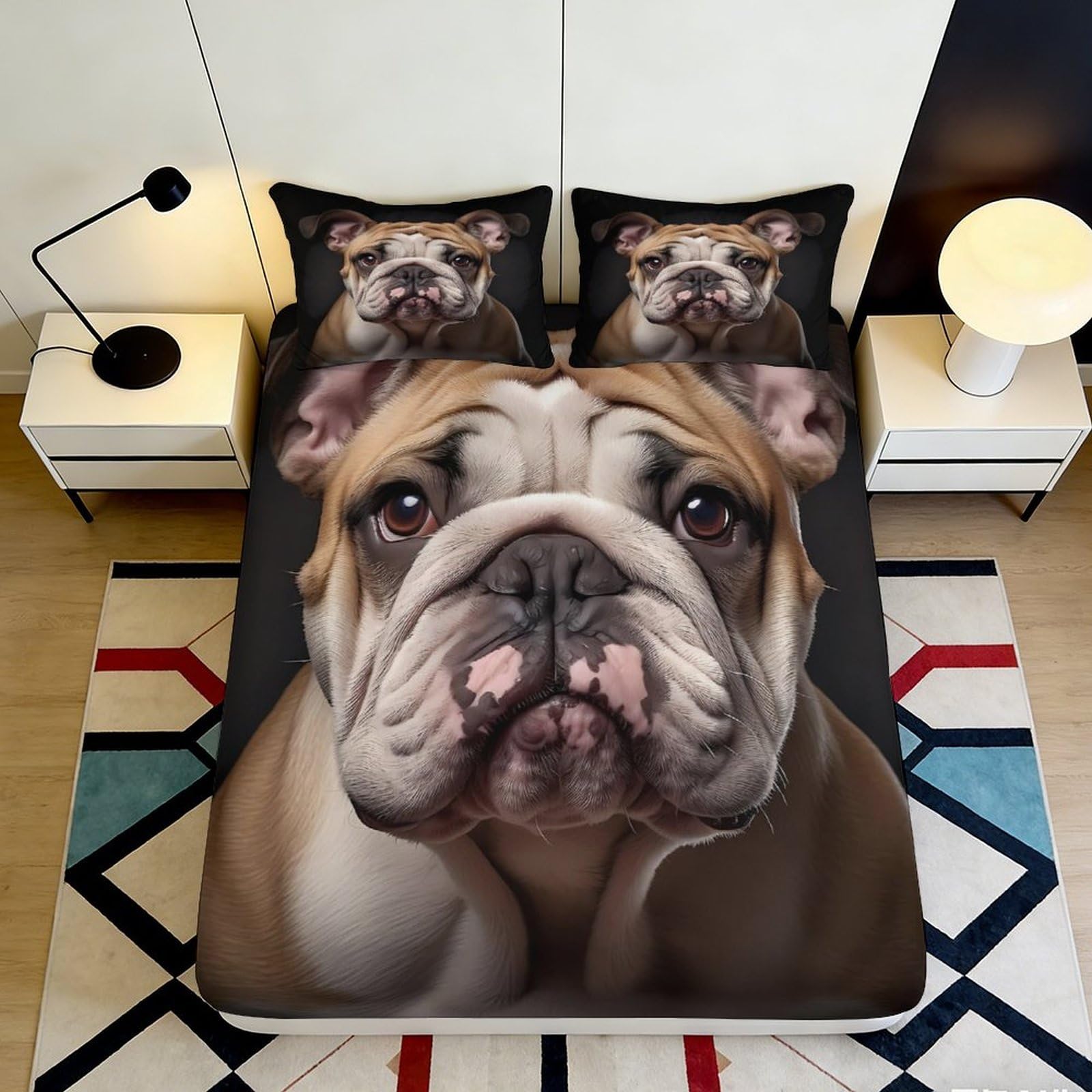 3D Printed Bulldog Fitted Sheet Microfiber Soft Durable Brown Dog Face Bed Cover with Mattress Cover for Bedroom Dormitory Guest Room Protection 200x200x25cm