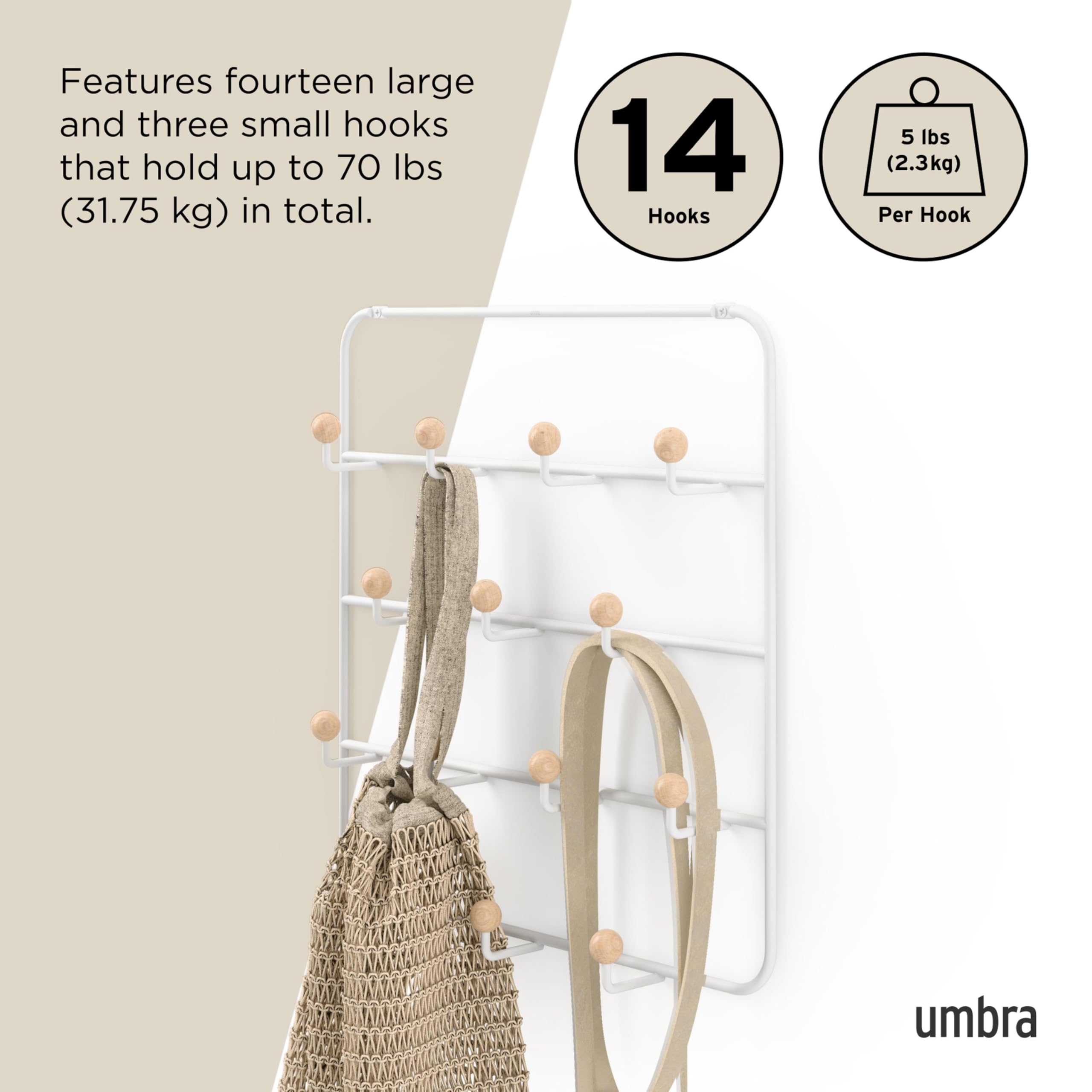 Umbra Estique Portemanteau de porte multifonction avec 14 crochets, crochets de porte sans perçage, multi-organiseur suspendu sur la porte, Blanc