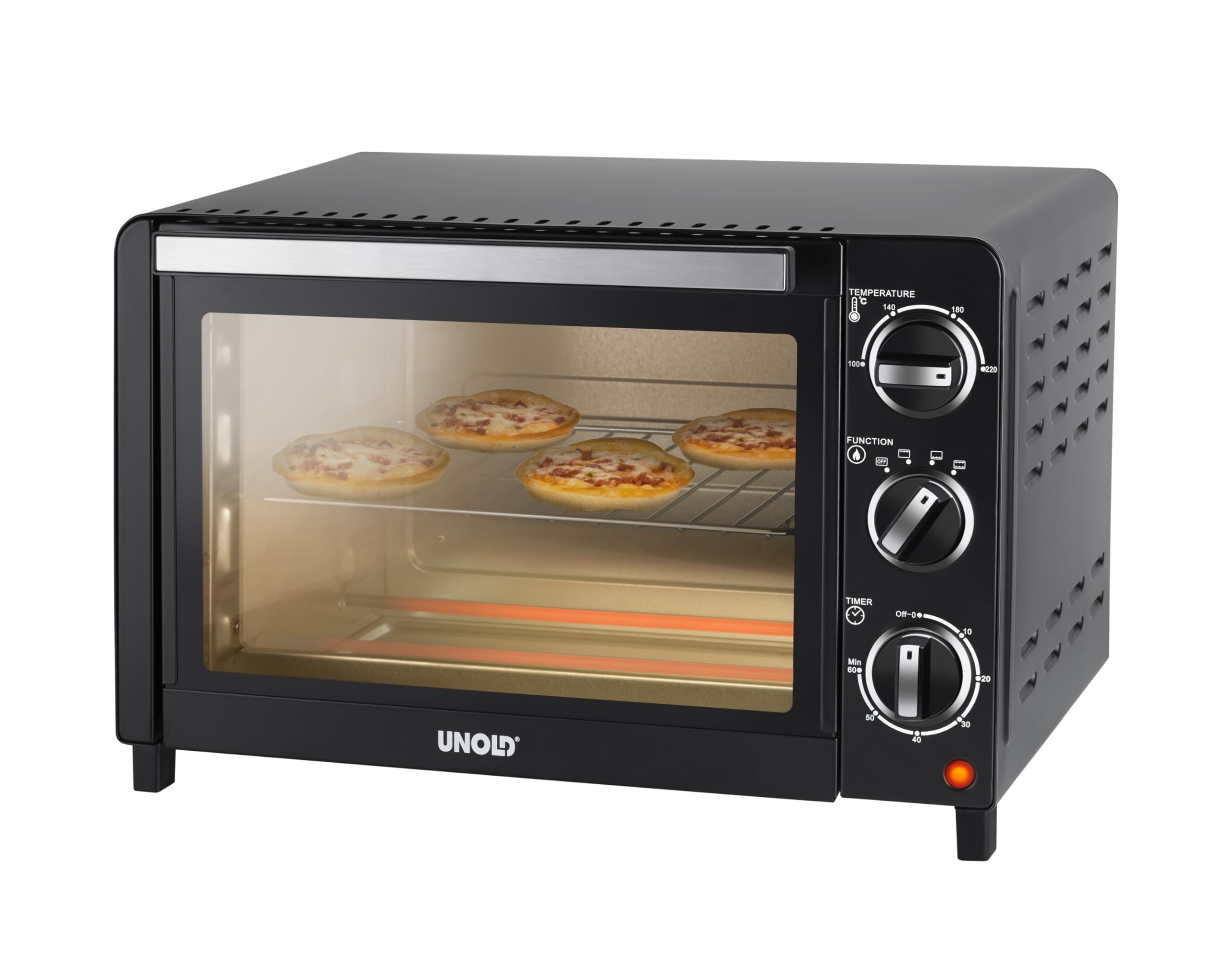 UNOLD 68875 Ofen Allround - Schwarz, 1.200 W, 18 L, 4 Edelstahl-Heizelemente, mit doppelverglaster Tür, Metall, 100 °C bis 220 °C, Ober-/Unterhitze
