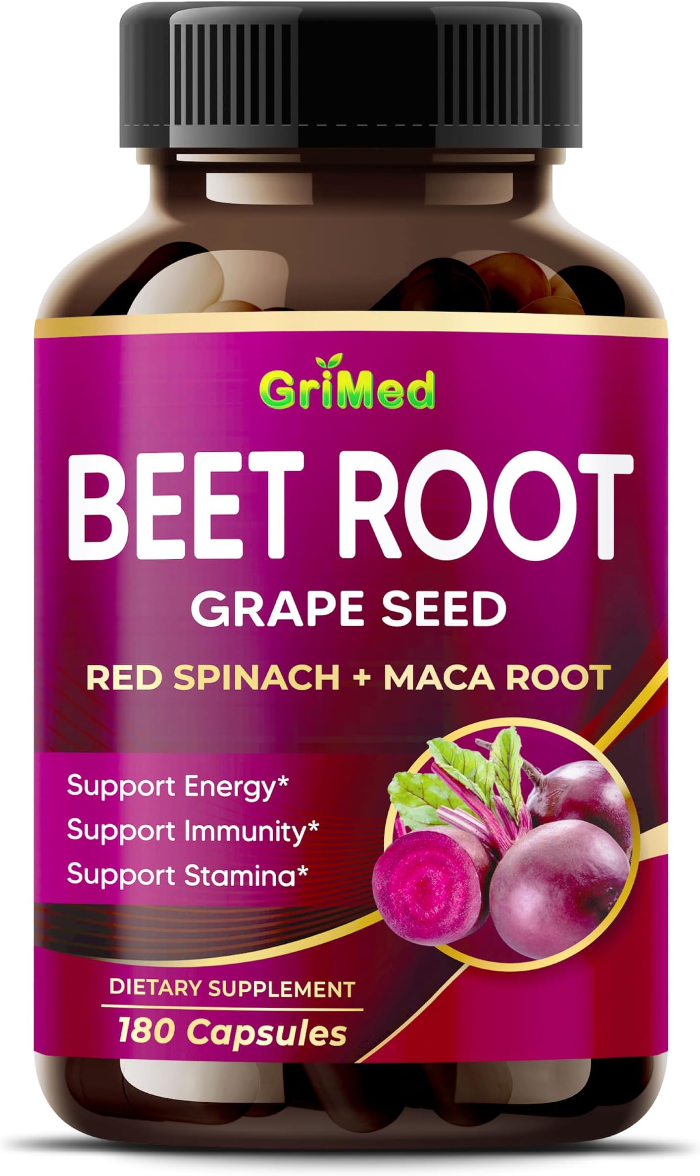GriMed Beet Root with Grape Seed Extract, Maca Root, Red Spinach & Ashwagandha – 180 Vegetable Capsules