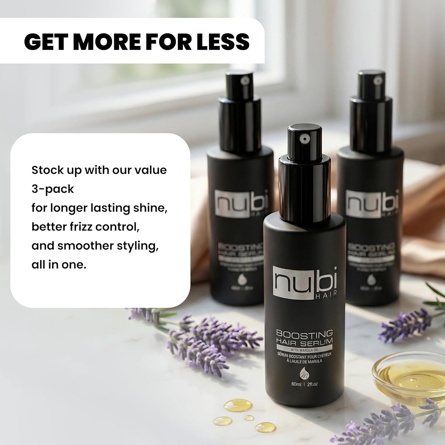Silky Smooth Hair Serum for All Hair Types, Contains Marula Oil, Aloe Vera and Vitamin E, Non-Greasy Formula, Boosts Shine and Promotes Hair Growth, 2 Fl. Oz. / 60 Ml. (3 Pack)