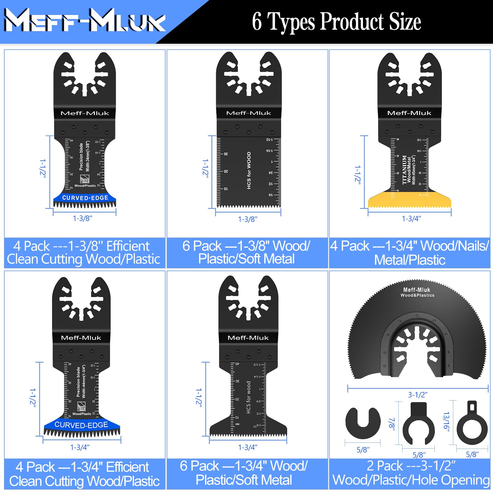 Meff-Mluk 26 cuchillas multiherramienta de dientes japoneses, cuchillas multiherramienta universales para madera, plásticos, metal, kit de hojas de sierra oscilantes de liberación rápida para