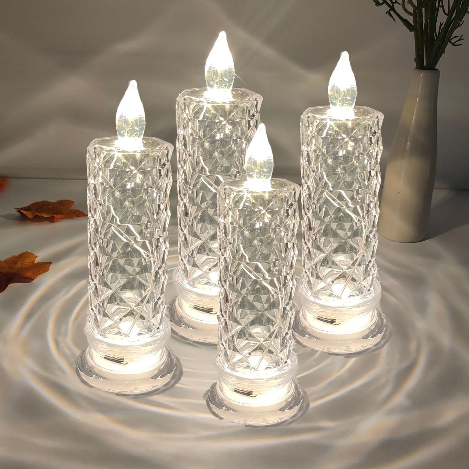 Led Crystal Candle Lights, Flameless LED Candles, LED Flameless Candles with Rose Shadow, 2/4/6PCS Rose Shadow Battery Operated Candles, for Valentines Anniversary Wedding (4PCS)