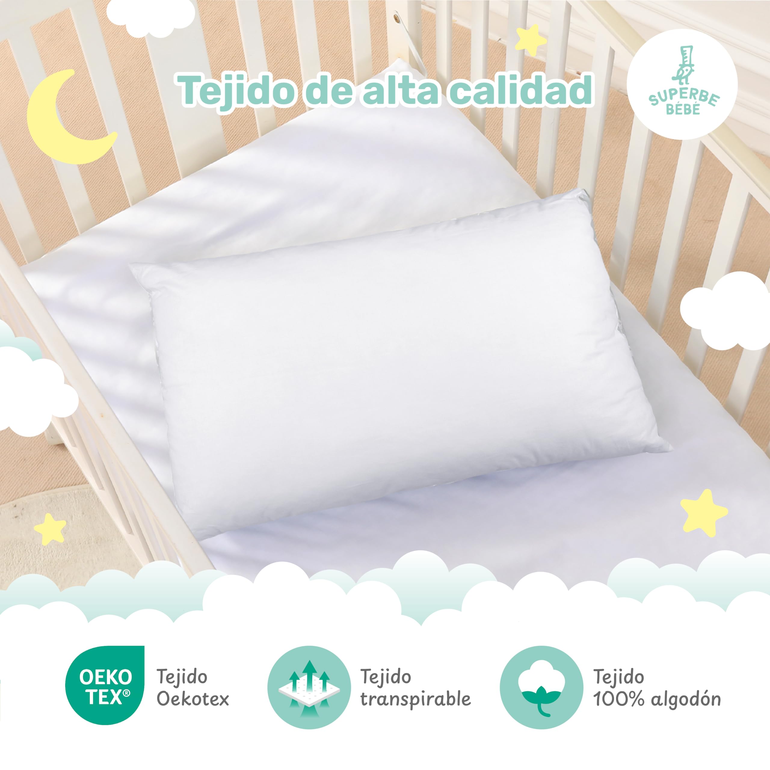 Almohada Infantil Blanca 33x45 Cm De Algodón Oeko-Tex - Almohada Cuna Bebe Y Niños- Cojin Pequeño para Bebés para Siestas En La Guardería, Escuela Y Viajes - 1 Año 2 Años