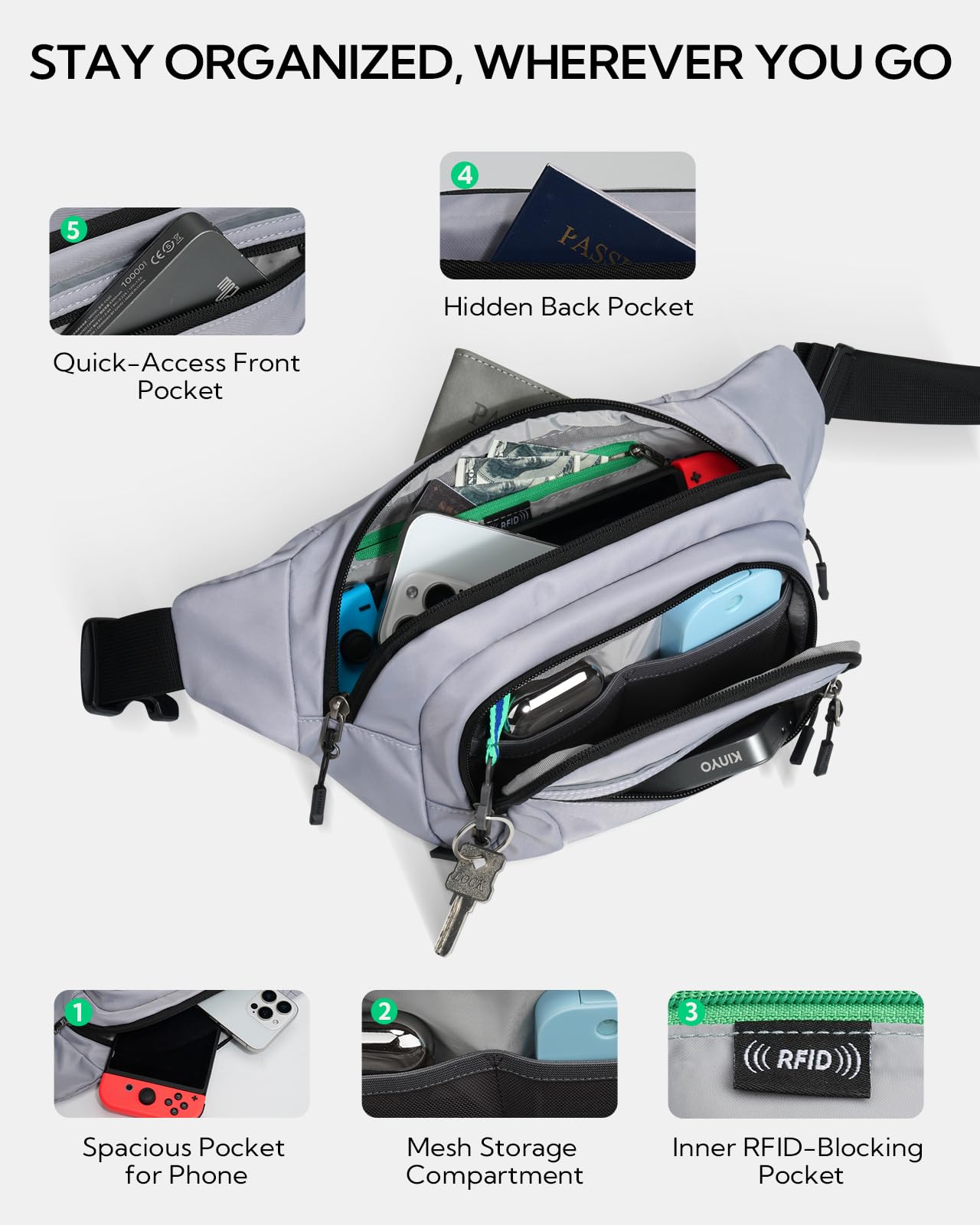 WATERFLY Riñonera para hombre y mujer: riñonera grande con protección RFID con correa de extensión, elegante bolsa deportiva para viajes, senderismo y exteriores, gris, Riñonera grande