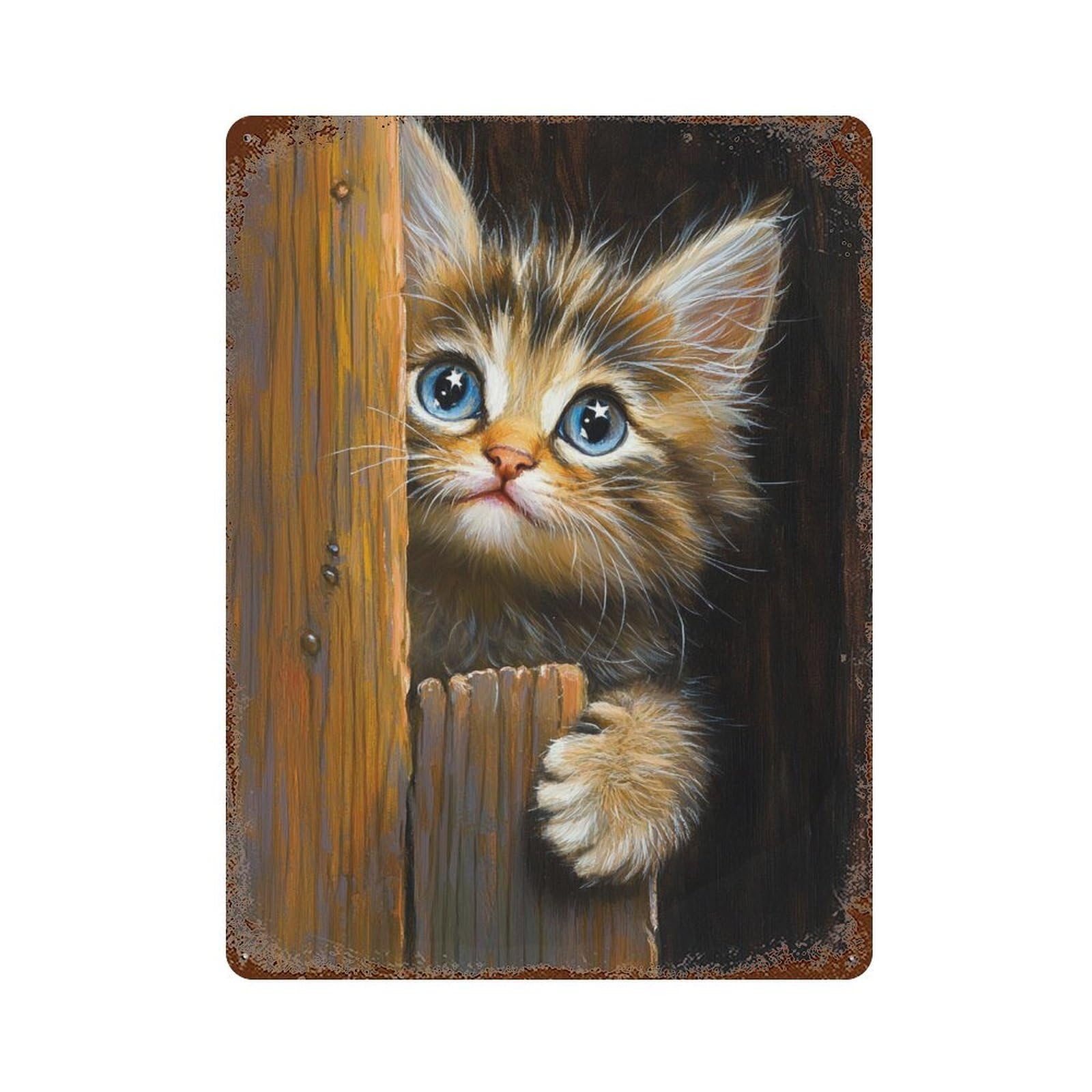 Curious Kitten Peeking Rusty Metal Tin Sign 15.7"x11.8", Rustic Home Decor for Garage, Pub Or Kitchen