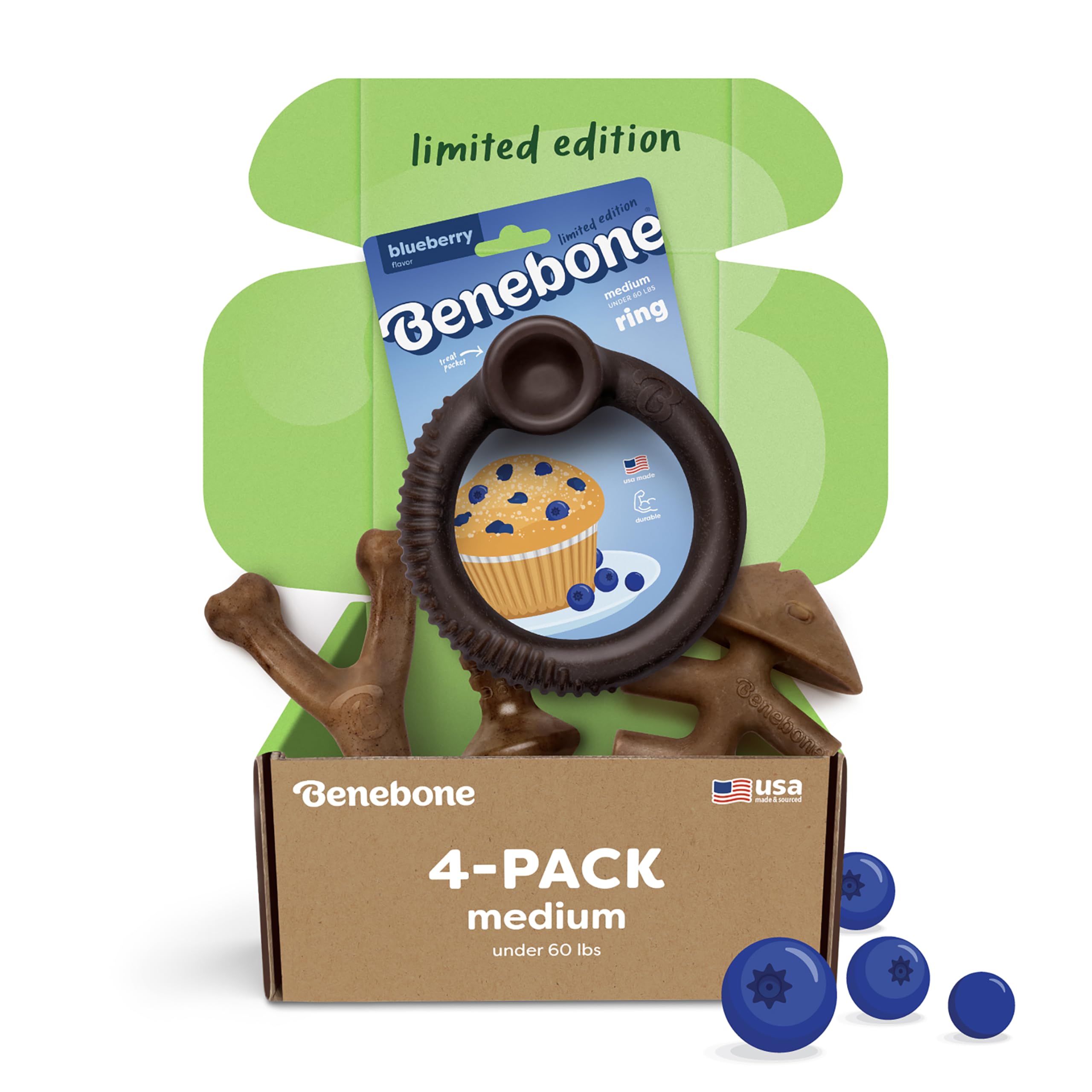 Benebone Blueberry Medium 4-Pack Dog Toys, Under 60 lbs