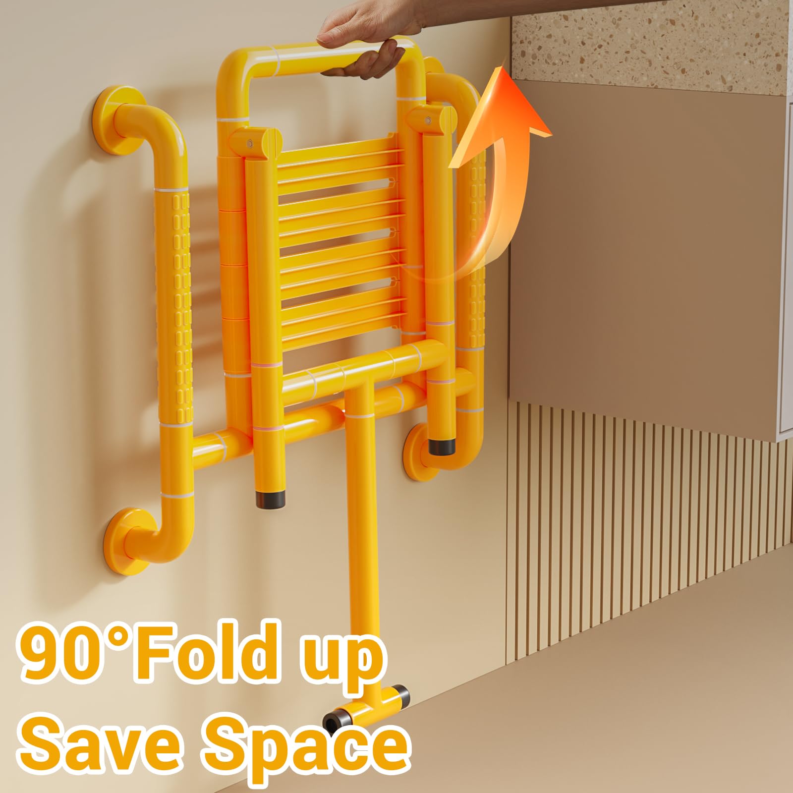 Taburete de ducha plegable, asiento de ducha plegable con reposabrazos, acero inoxidable, para montaje en pared hasta 150 kg, ahorra espacio, seguridad para personas mayores discapacitadas