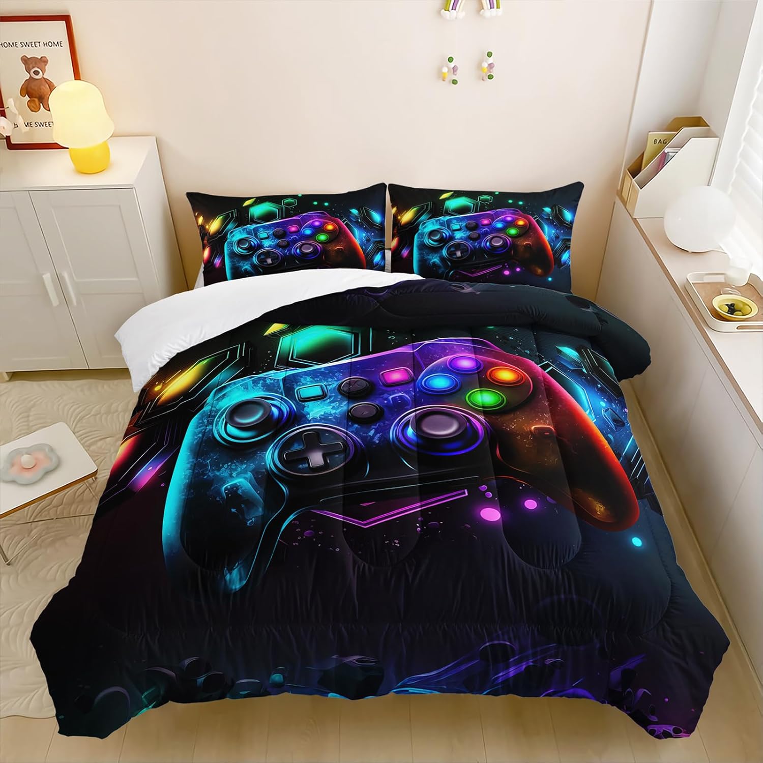 Game Console Comforter Set Queen Size, Bedding Set for Men Kidsand Teens, Game Controller Comforter Set (3 Pieces) for Boys Gamer Home Decor