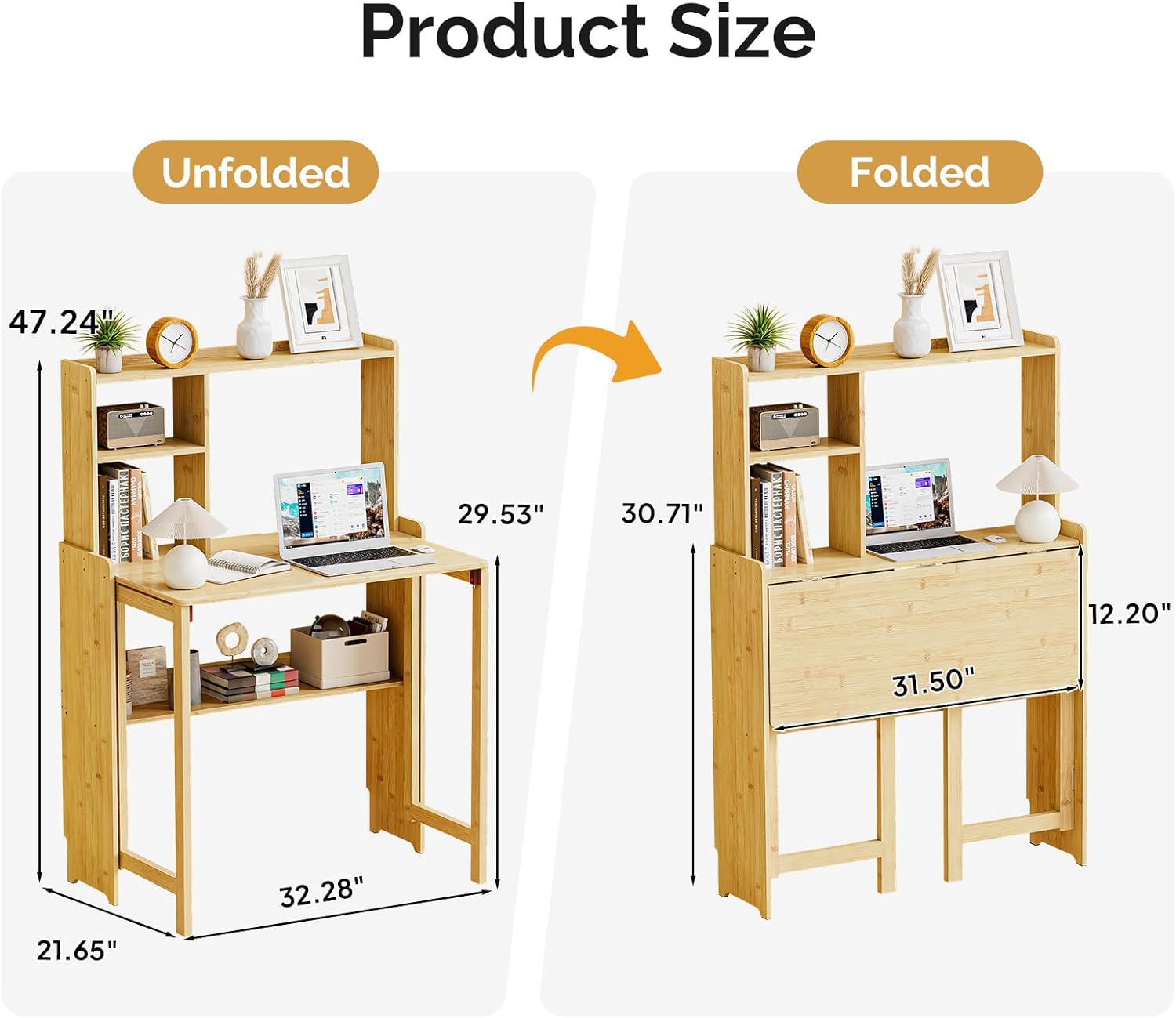 Bamboo Folding Desk with Bookshelf, Compact Computer Desk with Hutch for Small Spaces, Foldable Desk with Storage Shelf, Space-Saving Home Office Desk for Bedroom, Dorm, Apartment,Natural