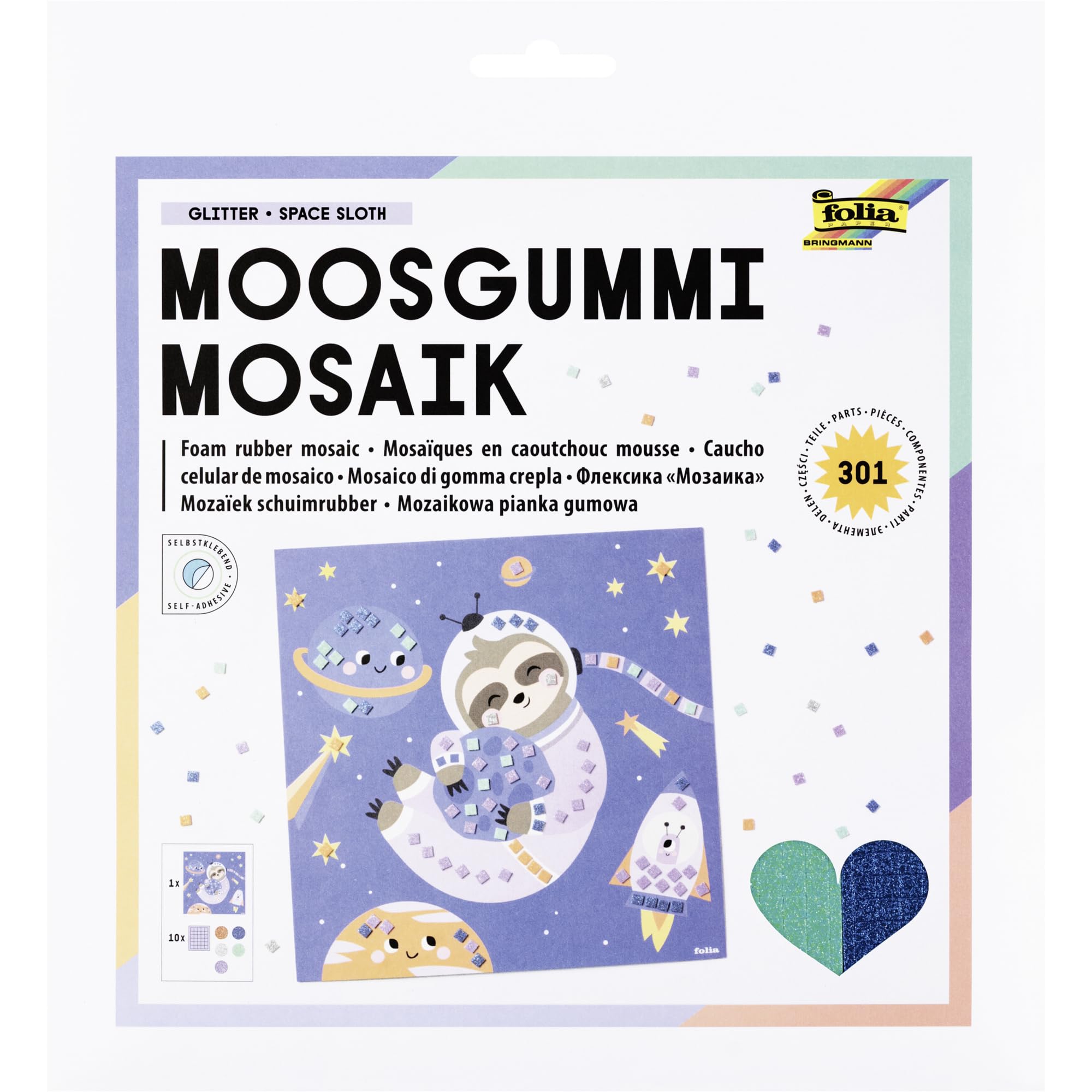 folia Moosgummi Mosaik GLITTER SPACE SLOTH – 301-teiliges Bastelset