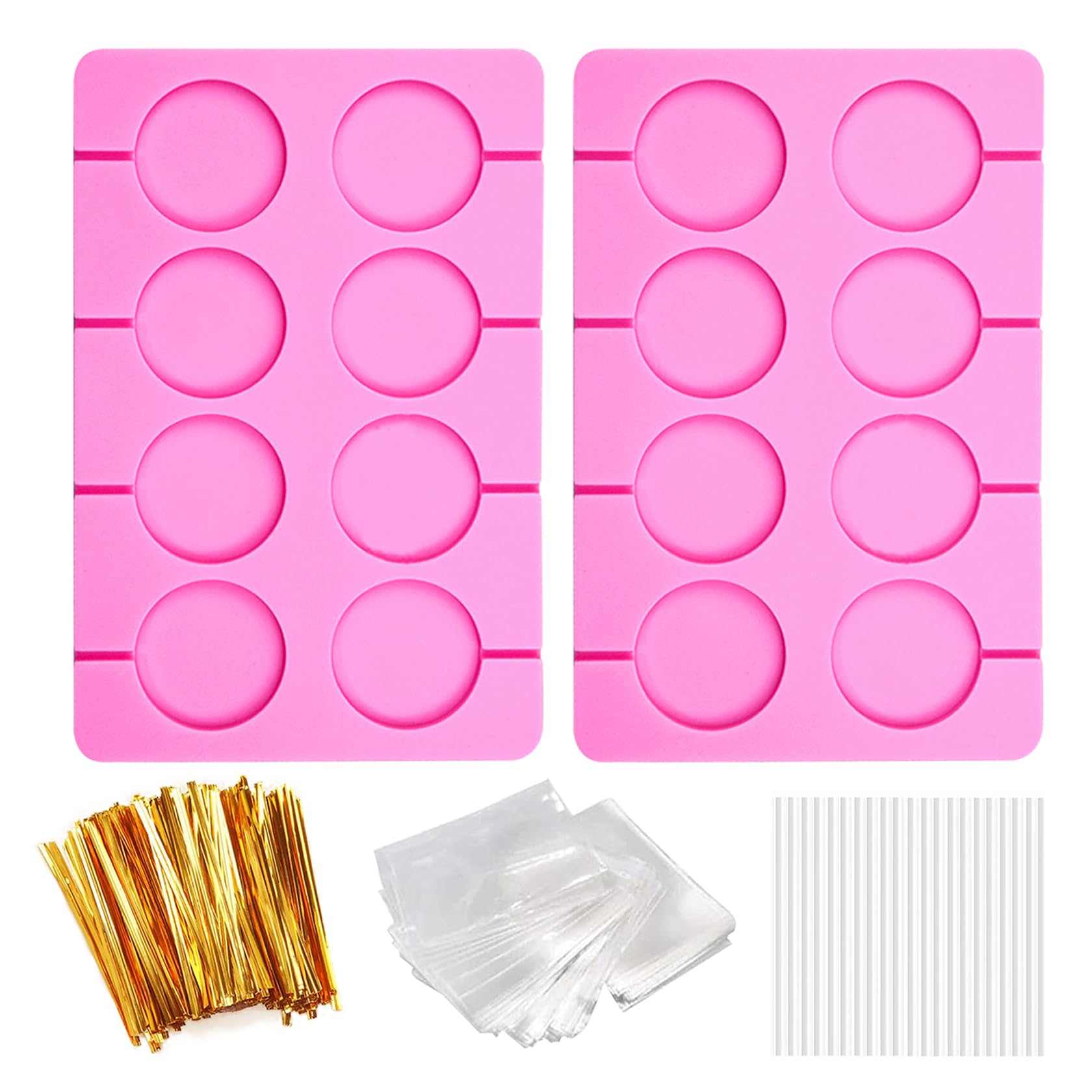 2 moldes de silicona para chocolate duro, kit de moldes redondos antiadherentes de silicona con 20 palos, 20 cuerdas doradas y 100 bolsas, para dulces, paneles, gelatinas, pan, etc.