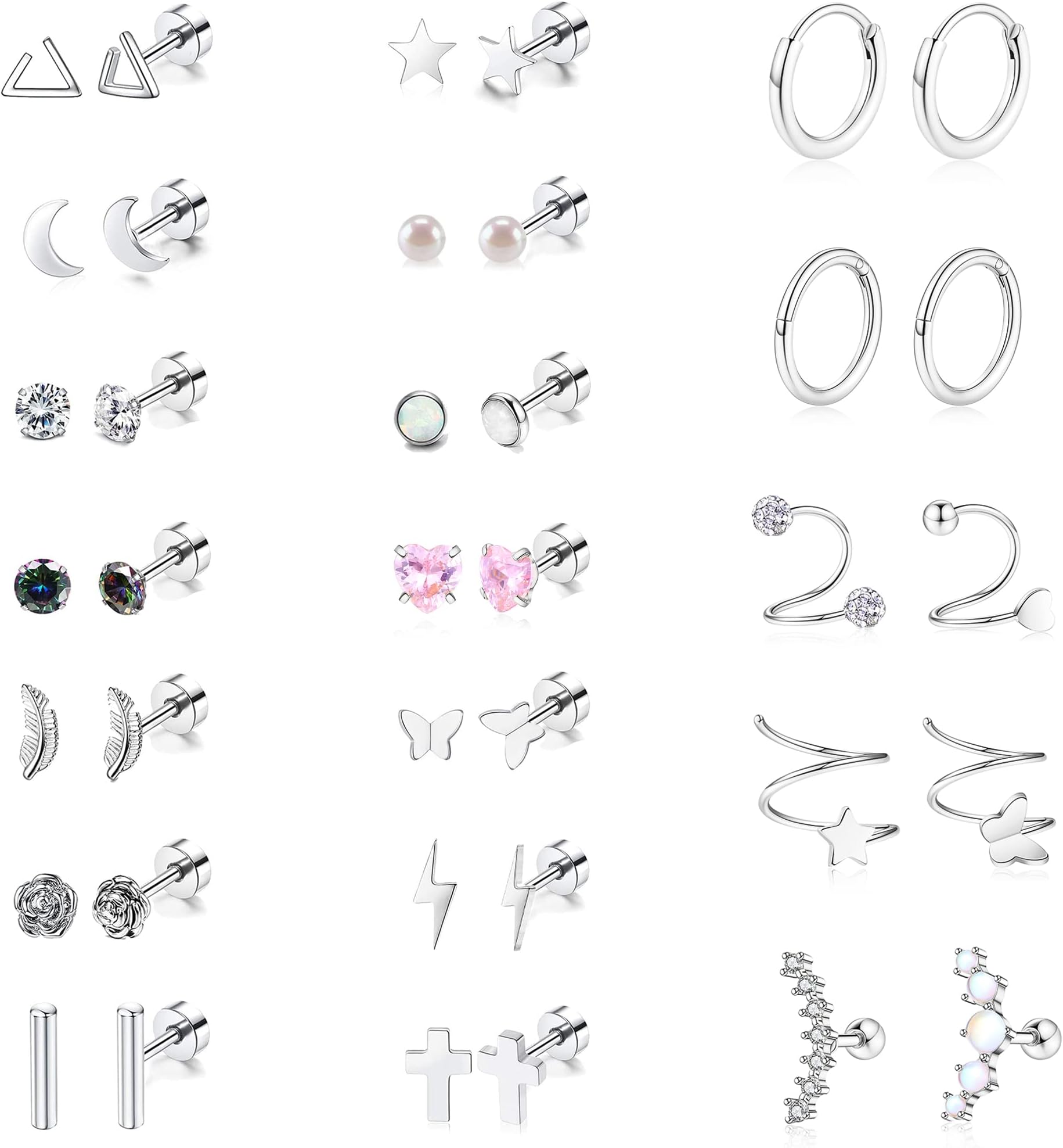 Staligue 21 Pairs Surgical Steel Flat Back Earrings Set for Women Men Hypoallergenic 20G Stainless Steel Stud and Hoops Earrings for Sensitive Ears Small Cz Heart Star Moon Opal Cartilage Earrings
