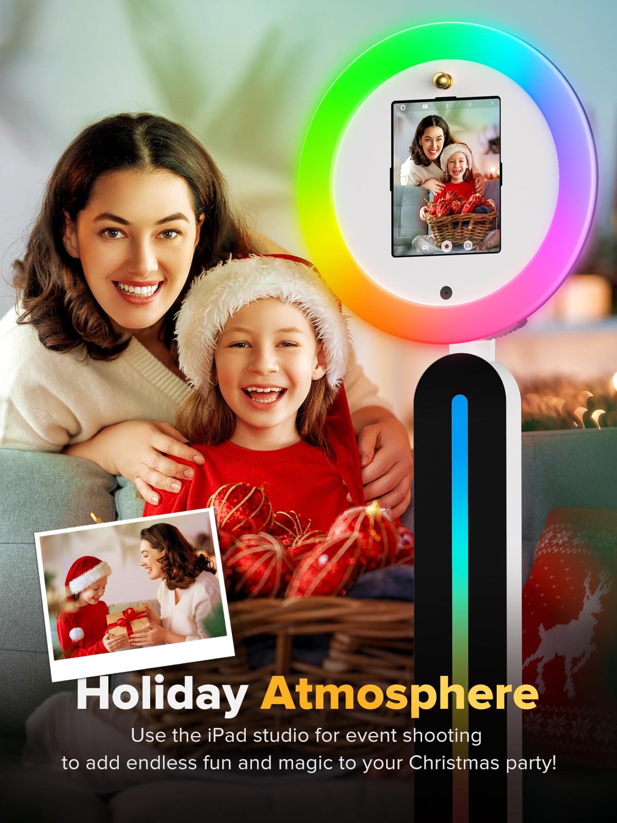 Máquina portátil de fotomatón con anillo de luz RGB de 22 pulgadas, estación de selfie portátil para fiestas y bodas, se adapta a modelos de iPad de 10.2/10.5/10.9/11/12.9/13 pulgadas (Pro/Air/Mini
