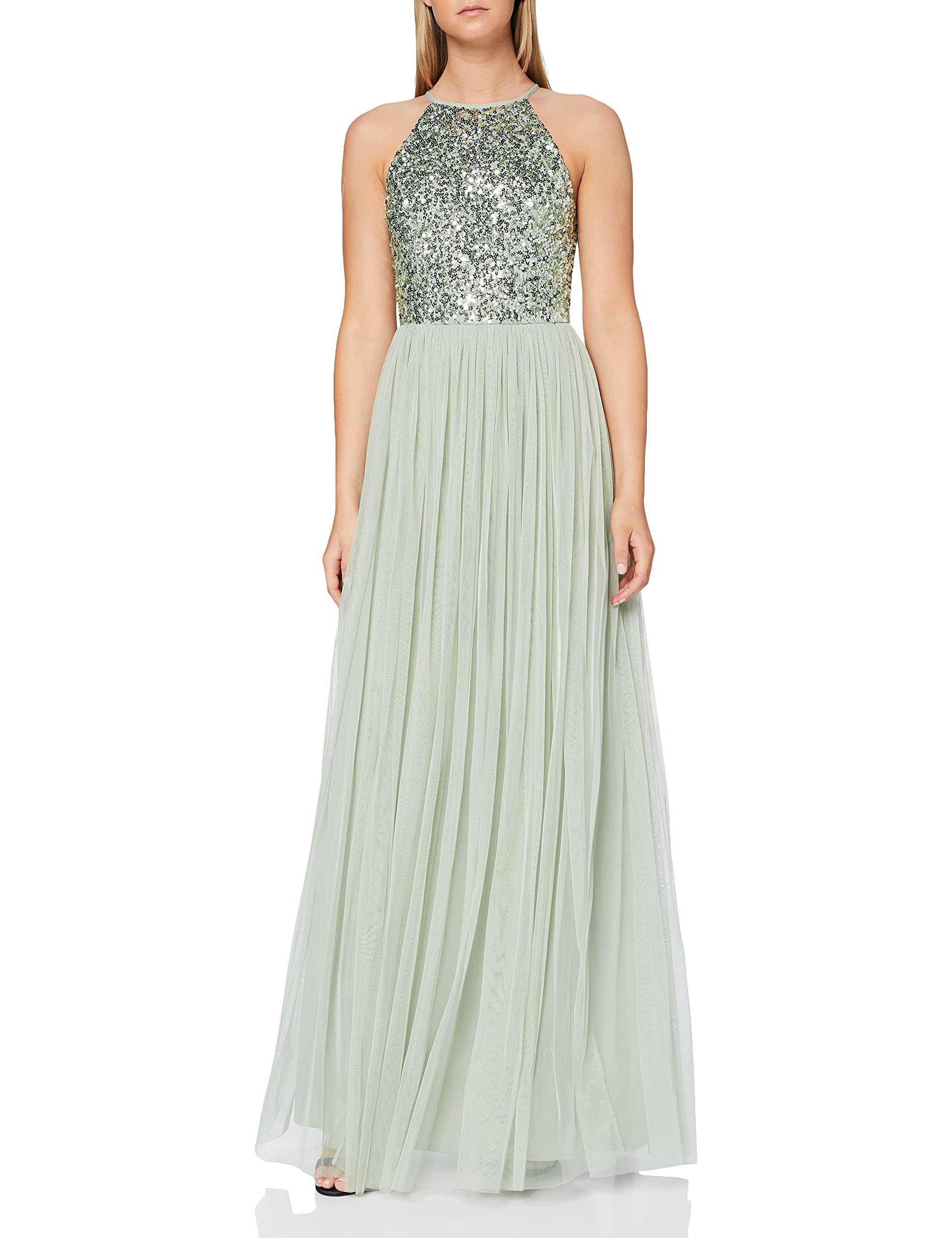 Maya Deluxe Women's Ladies Bridesmaid Maxi Dress Halter Neck Sequin Embellished Prom Graduation Wedding, Green, 18