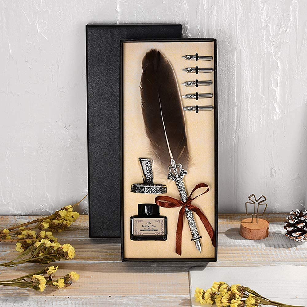 Vintage Feather Quill Dip Pen Writing Ink Set