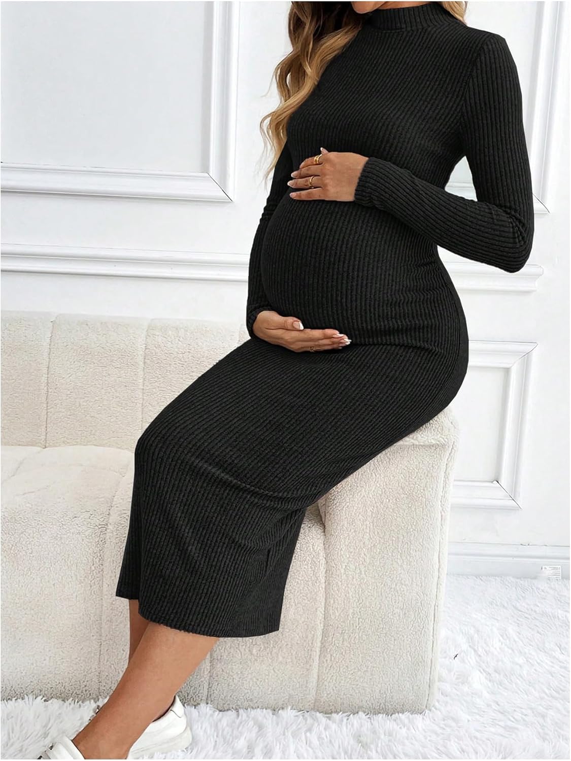 MakeMeChic Women's Maternity Dress Long Sleeve Mock Neck Casual Knit Bodycon Dresses