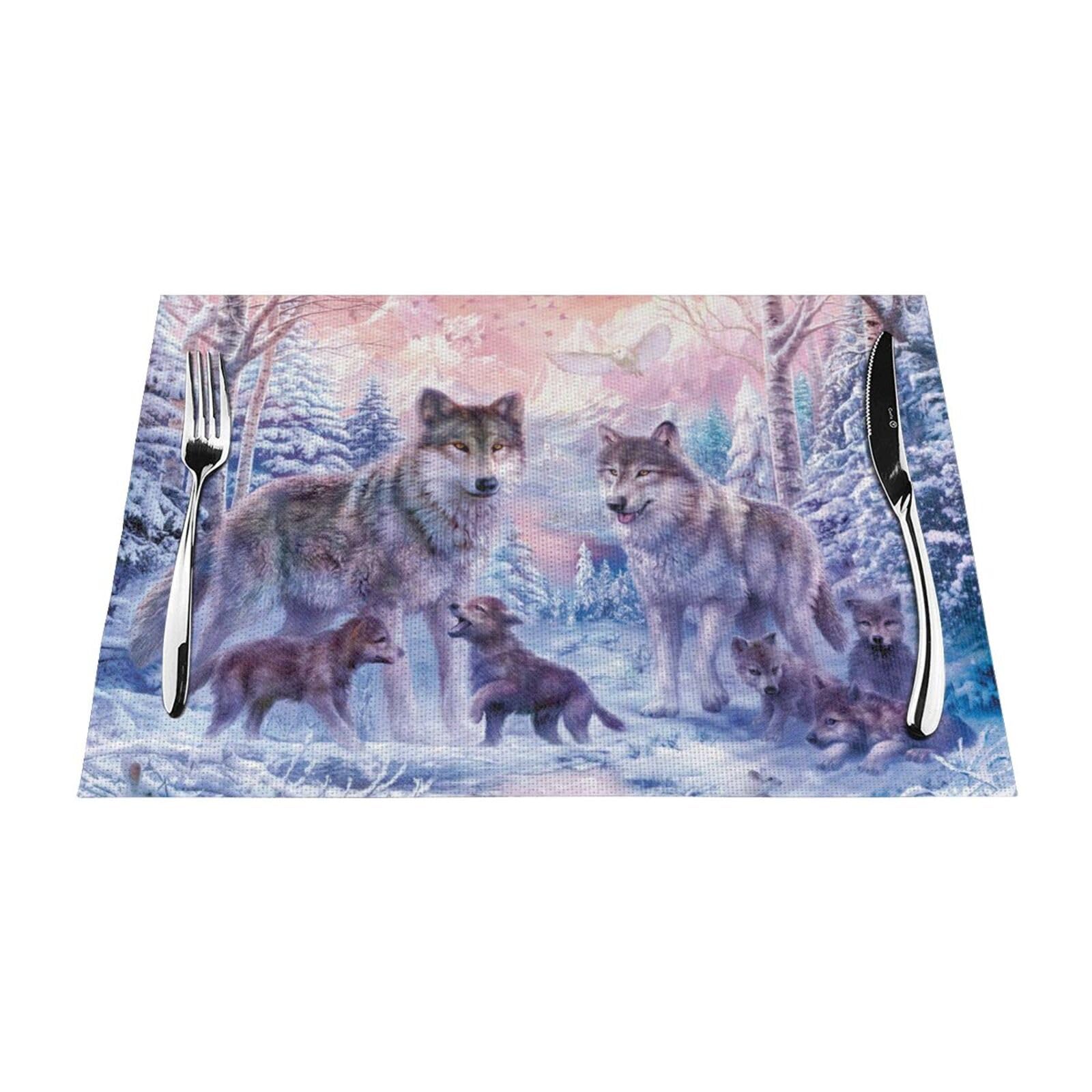 PVC Placemat Set of 4 PCS, 45x30 CM, wolves family Printed Non-Slip Heat Resistant Place Mats for Kitchen Dining Table Indoor Outdoor