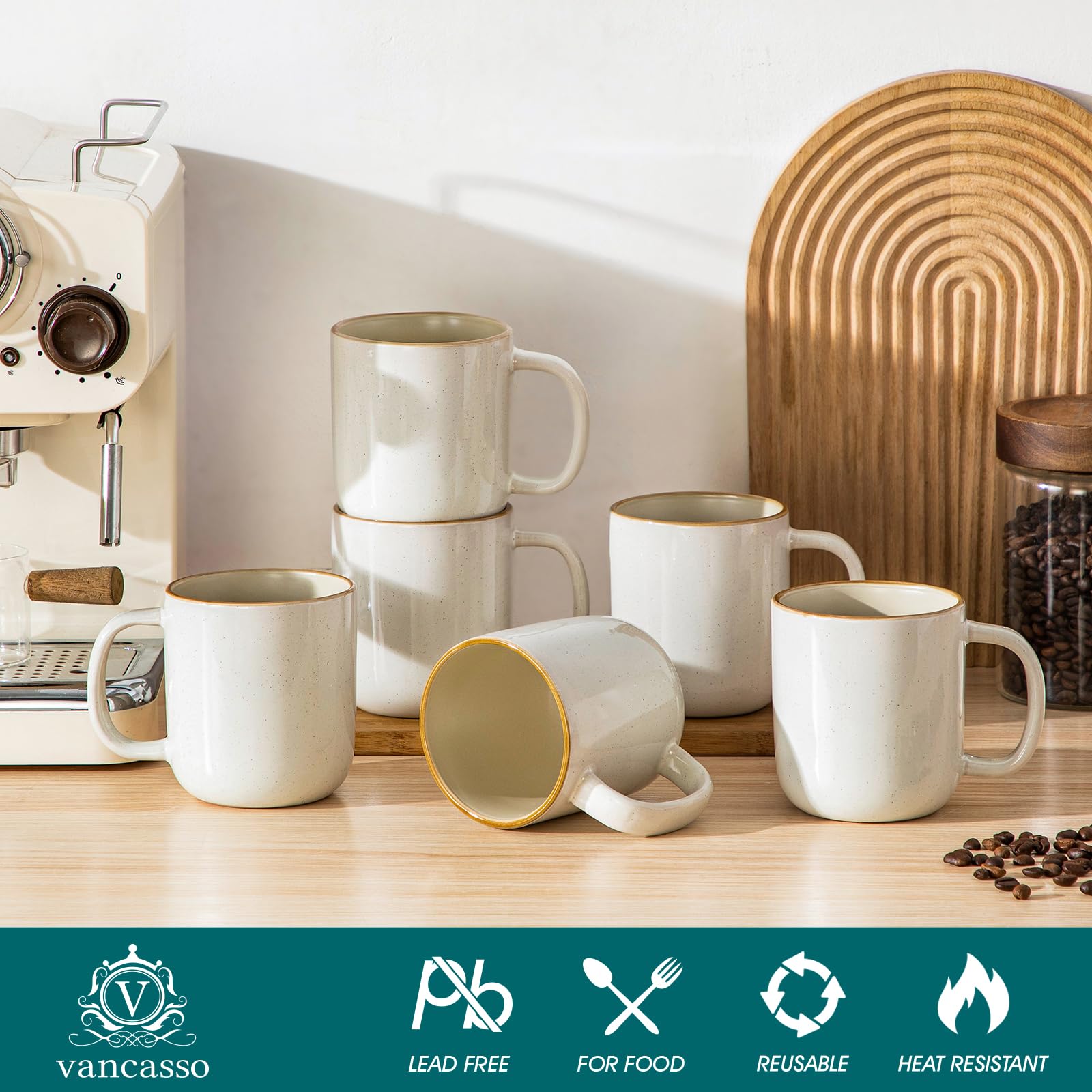 vancasso RENO - Juego de 6 Tazas de Gres Beige con Asa - 400 ml - Para Café con Leche, Té, Latte y Smoothies - Apto Lavavajillas y Microondas - Esmaltado Reactivo Claro