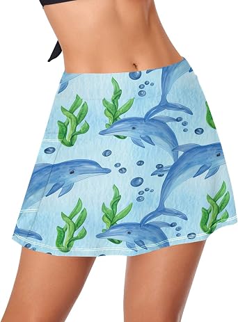 Cute Dolphins Womens High Waisted Swim Skirt Tummy Control Swimsuit Skirt Bikini Bathing Suit Bottoms
