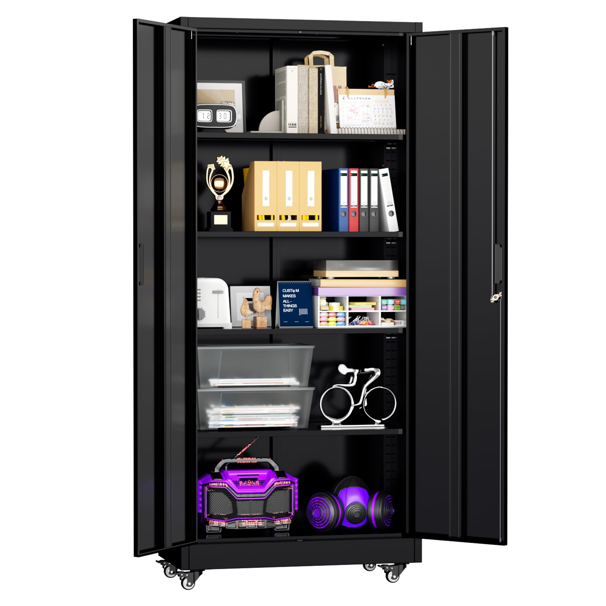 Superday Garage Storage Cabinet with Wheels，73" H Metal Storage Cabinet with Doors and Adjustable Shelves, Lockable Steel Utility Tool Cabinets for Garage, Home Office, Kitchen(Black)