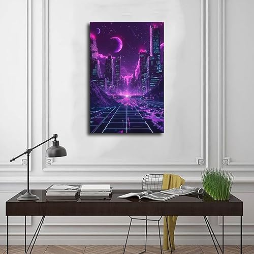 Miniatura 3 de XAHOR Retro-Futurism Vaporwave Wall Art  Neon Synthwave Poster, 80s Sci-Fi Aesthetic Cityscape Print Canvas Wall Art Print Poster For Home School