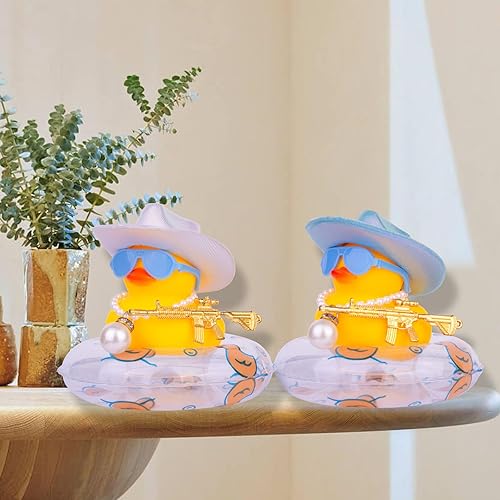 Miniatura 7 de MuMyer Pato vaquero para automóviles, pato de goma para tablero de automóvil, accesorios de adorno de auto con mini sombrero de vaquero holográfico,