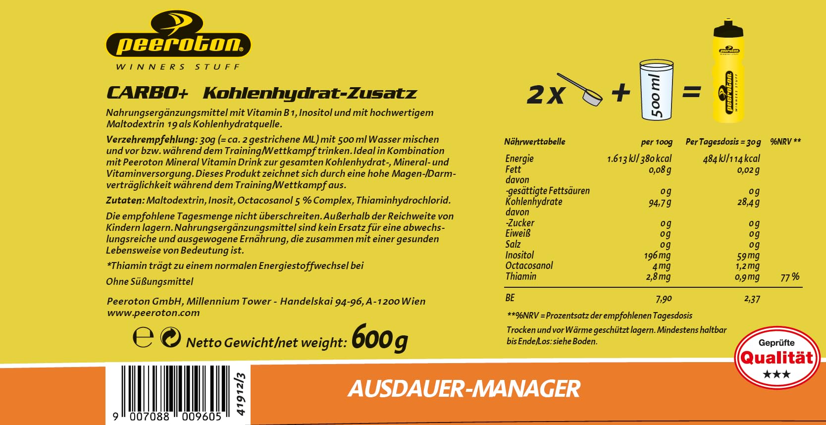 Peeroton Carbo+ Kohlenhydrate Pulver Zusatz Natur - Ideal in Verbindung mit Peeroton MVD zur Herstellung eines isotonischen Getränks, Energiezufuhr nach Bedarf - 600 g (1er Pack)
