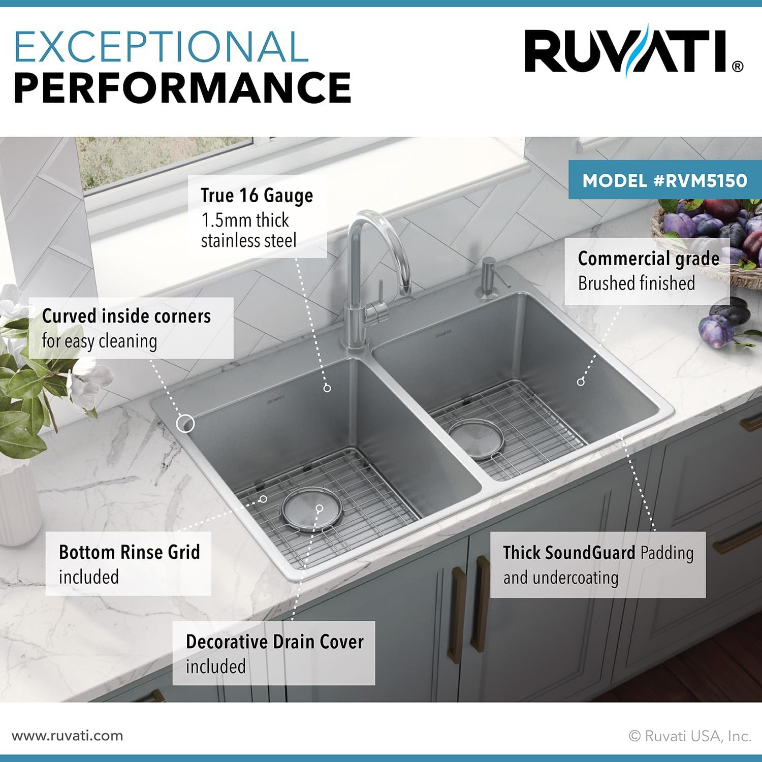 Ruvati 33 x 22 inch Topmount Kitchen Sink – 50/50 Double Bowl Kitchen Sinks, 16 Gauge T-304 Stainless Steel Kitchen sink, Drop-in Sink, Brushed Finish – RVM5150