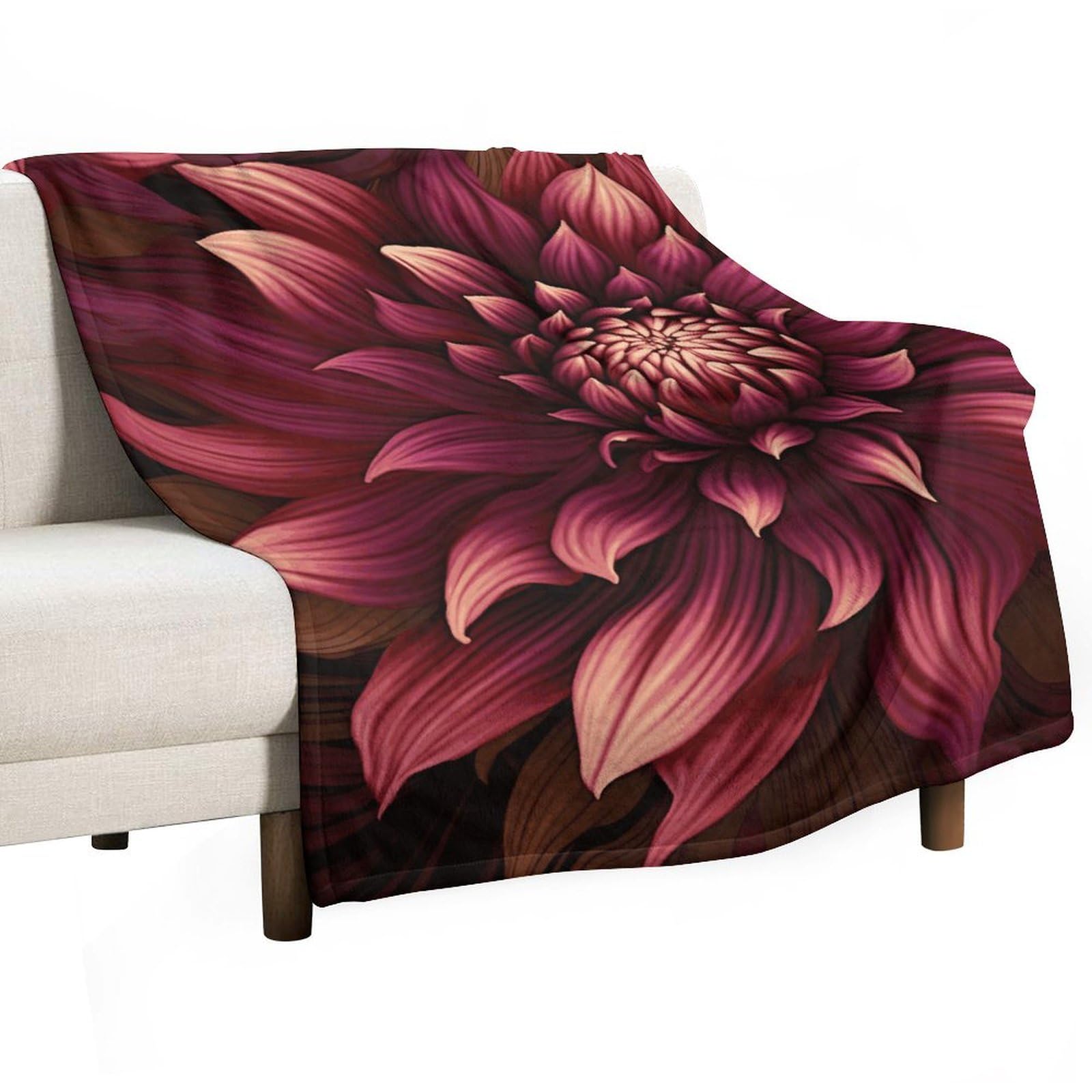 Couverture flanelle haut de gamme motif floral rouge vin imprimé luxe