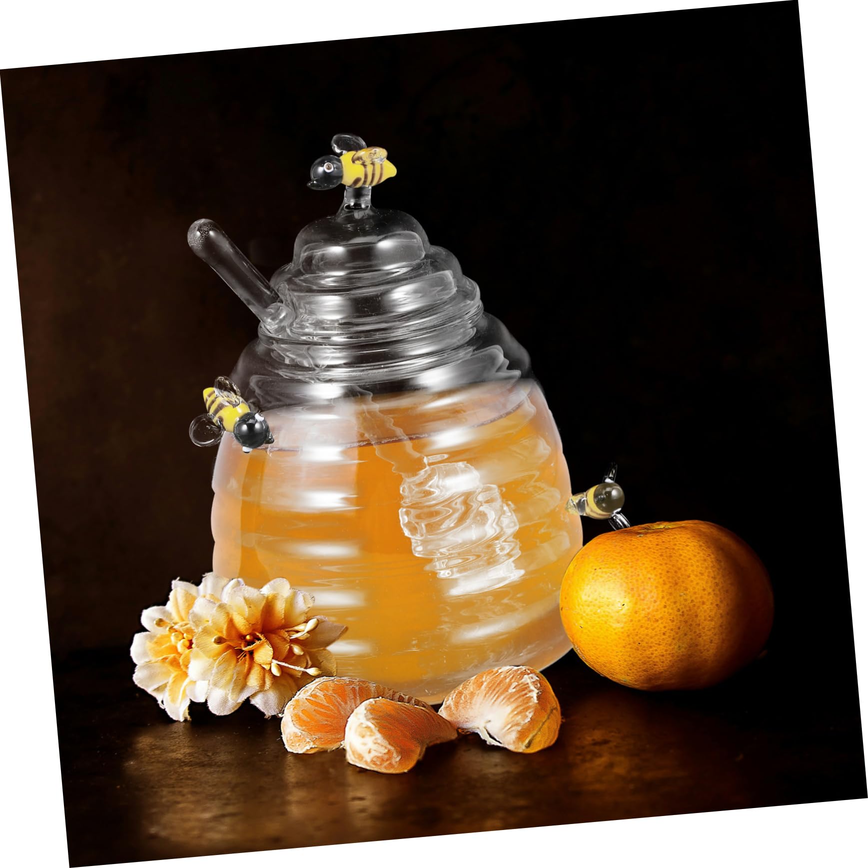 Mikinona 1Set High Borosilicate Glass with Dipper Transparent Honey Container for Home Use Food Storage Pot for Syrup Candy and Honey Compact