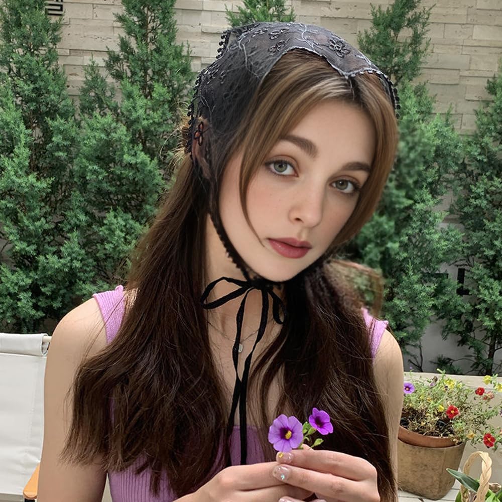 Lace Triangle Head Scarf For Women's Hair Accessories Embroidery Peony Flower Bandana Head Scarves Vintage Black Triangle Cover Up Skirt Tops Stacked Handbag Bag Purse Waist Belt Neck Hair Scarf - Image 5