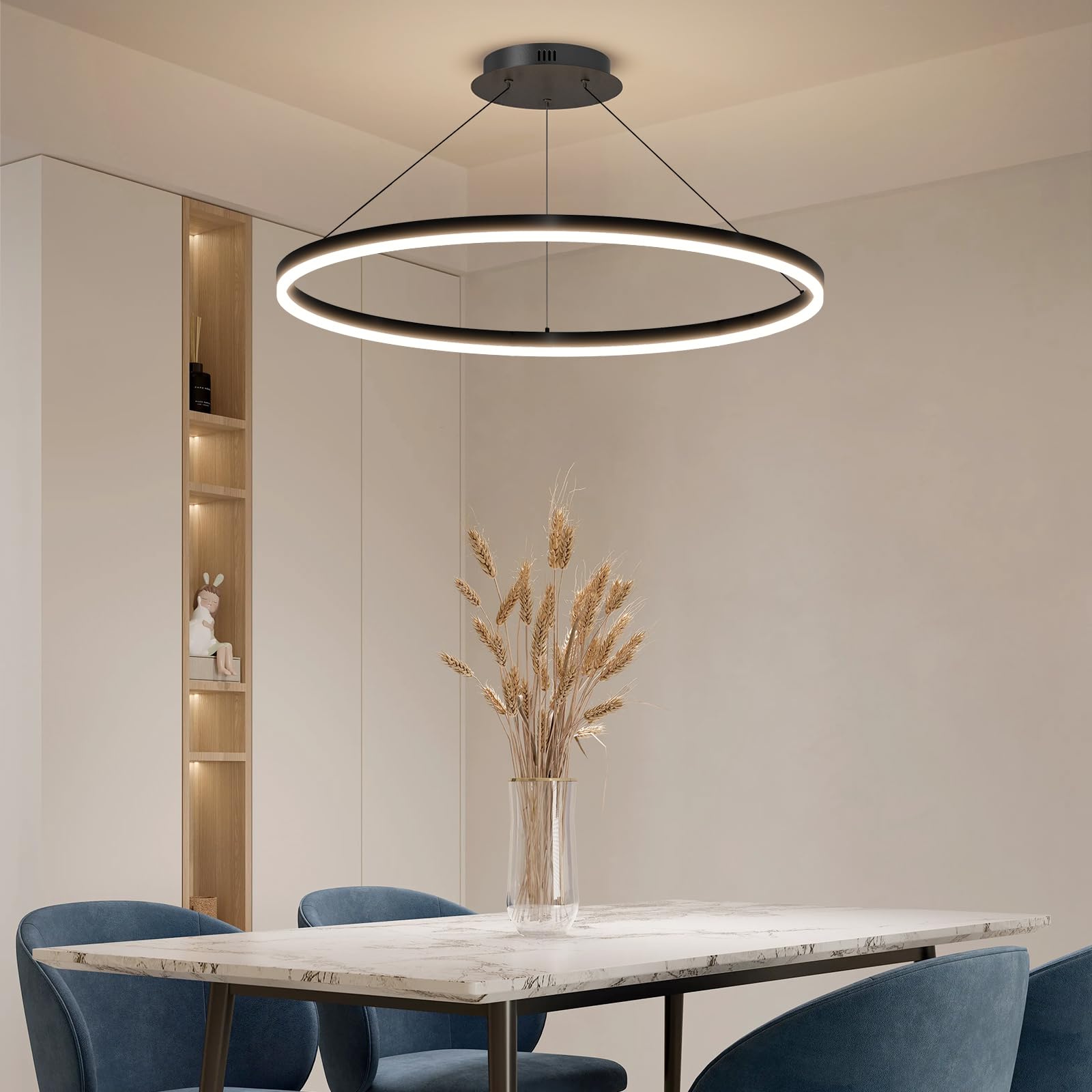 Mikeru 60CM LED Esstisch Pendelleuchte, Deckenleuchte Ringe Schwarz Dimmbar von 10% bis 100% 3000K/4500K/6000K Wohnzimmerleuchten mit Fernbedienung Hängeleuchte Rund für Wohnzimmer