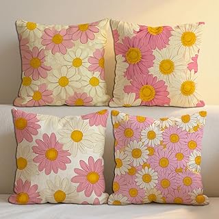 Cojines Exterior 40x40 cm Rosa Cojines Sofa 4 Pack Impermeable Lino Cushions Margarita Cuadrada Outdoor Cushions Impresión a Doble Cara para Exterior Garden Chair Decor, Regalo para Mujer b-334
