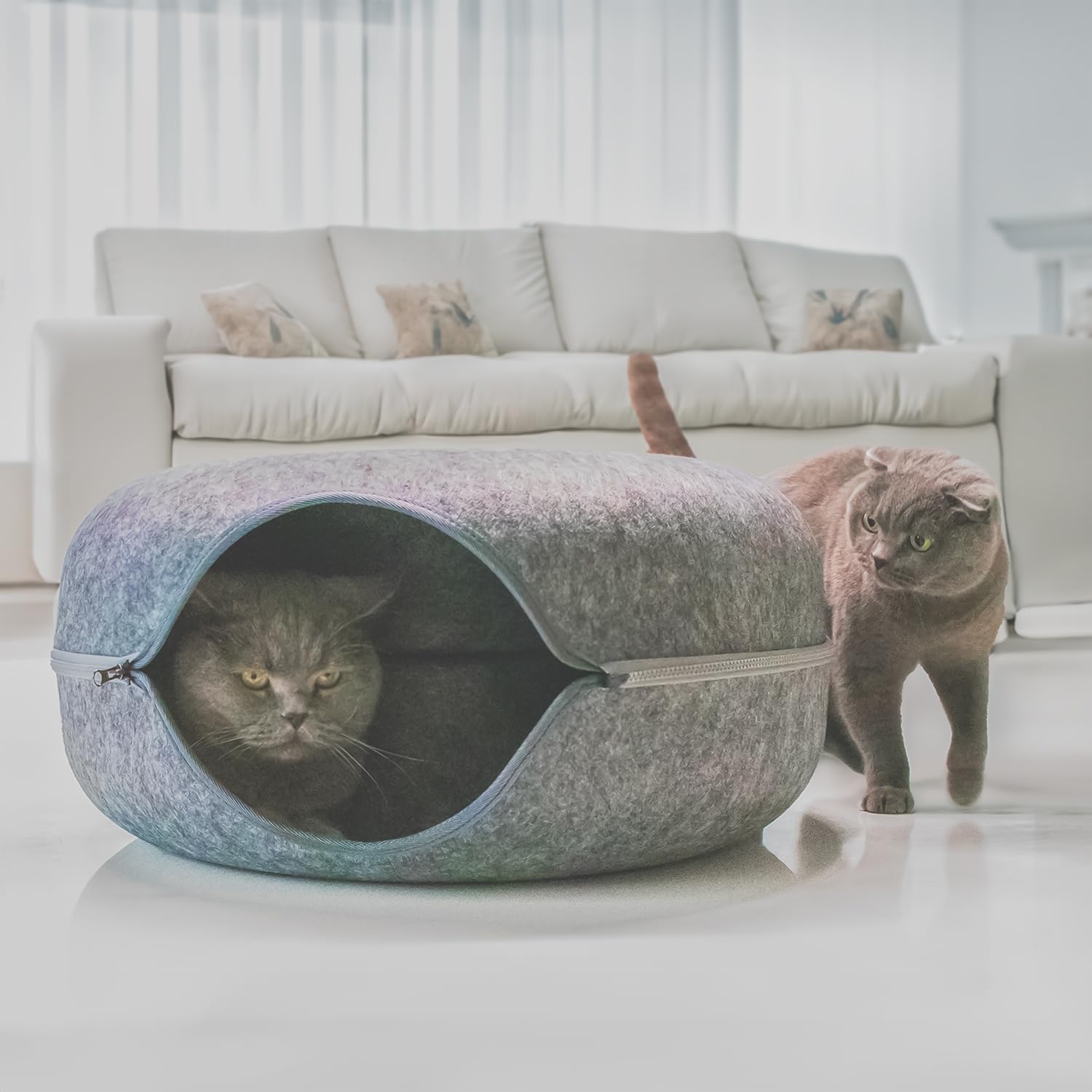 Katzentunnel Katzen Donut Katzenhöhle Katzenbett Spielhöhle für Ihr Liebling, rund, Maße 60x60x28 cm, aus robustem Filz gefertigt, Grau. Multifunktionales Design: zum Spielen,Schlafen oder Kratzen