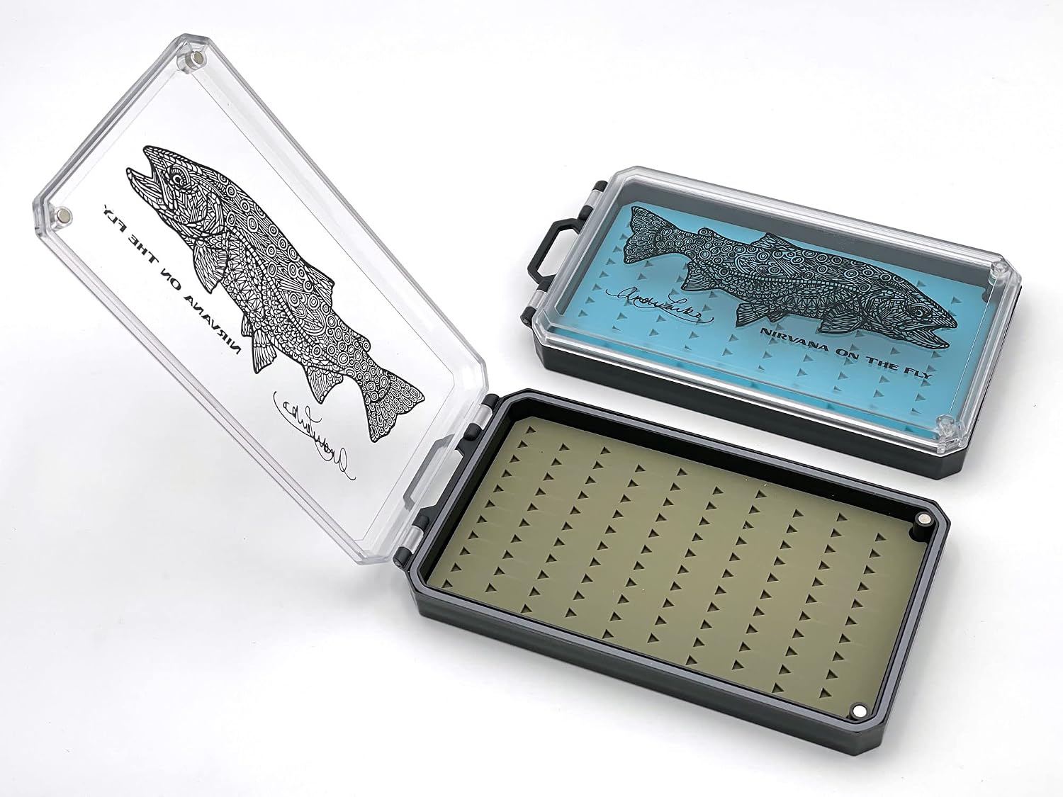Silicone Fly Box, Olive | Standard utility footprint with Andrea Larko fish art; deep clearance slots hold bulkier streamers