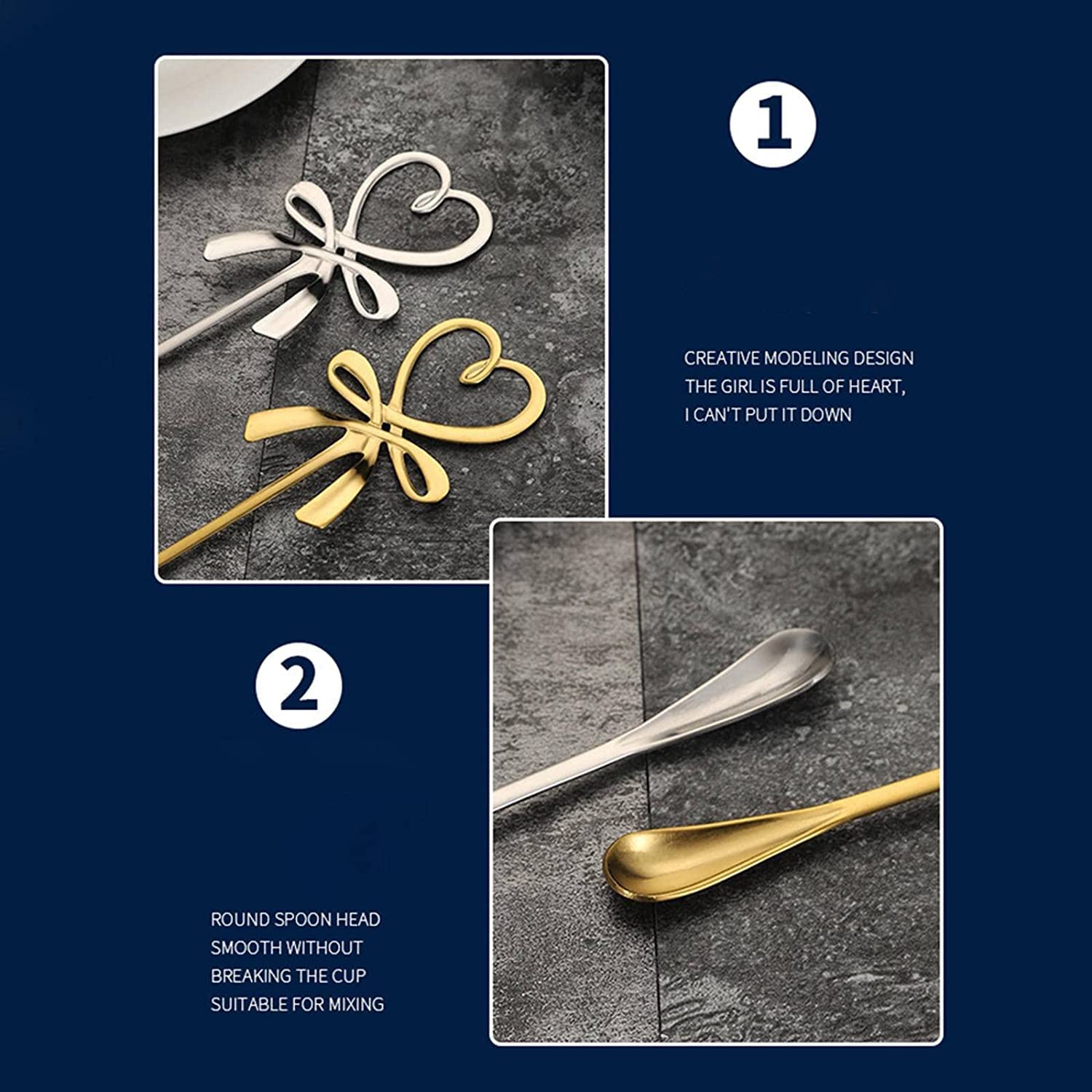 Cucharas De Mesa Mini forma de corazón mezclando cuchara té café mango largo plateado cocina gadget regalo día san valentín Sopa Antigoteo Servir(A-Gold)