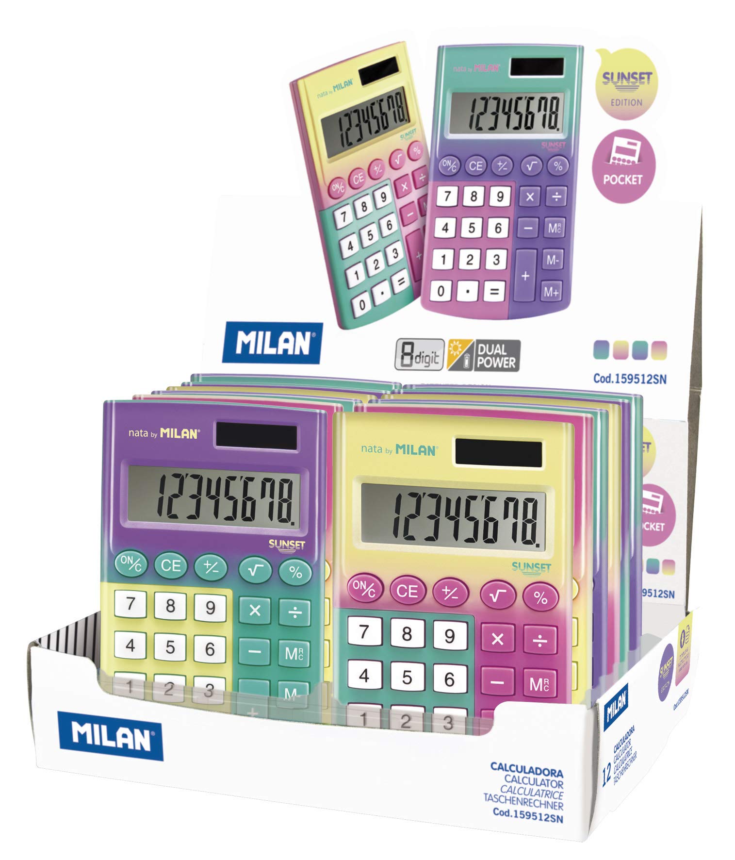 MILAN Boîte de présentation 12 calculatrices 8 chiffres Pocket Sunset