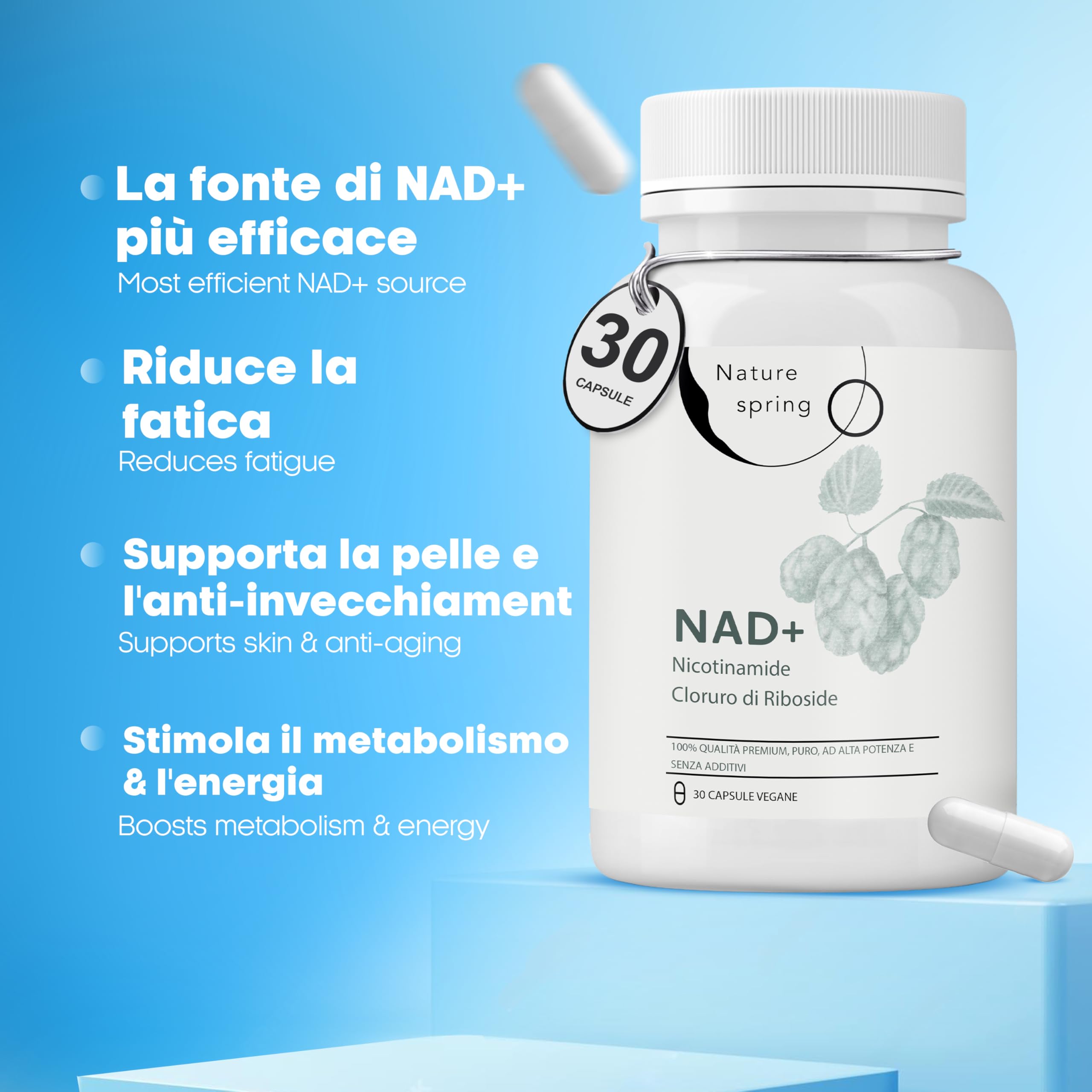 Nad Integratore Nicotinamide Riboside - 1.5 Mesi, 30 Capsule, 300mg per Capsula, Nad Nicotinamide Riboside 300 mg - Testato in laboratorio in Germania