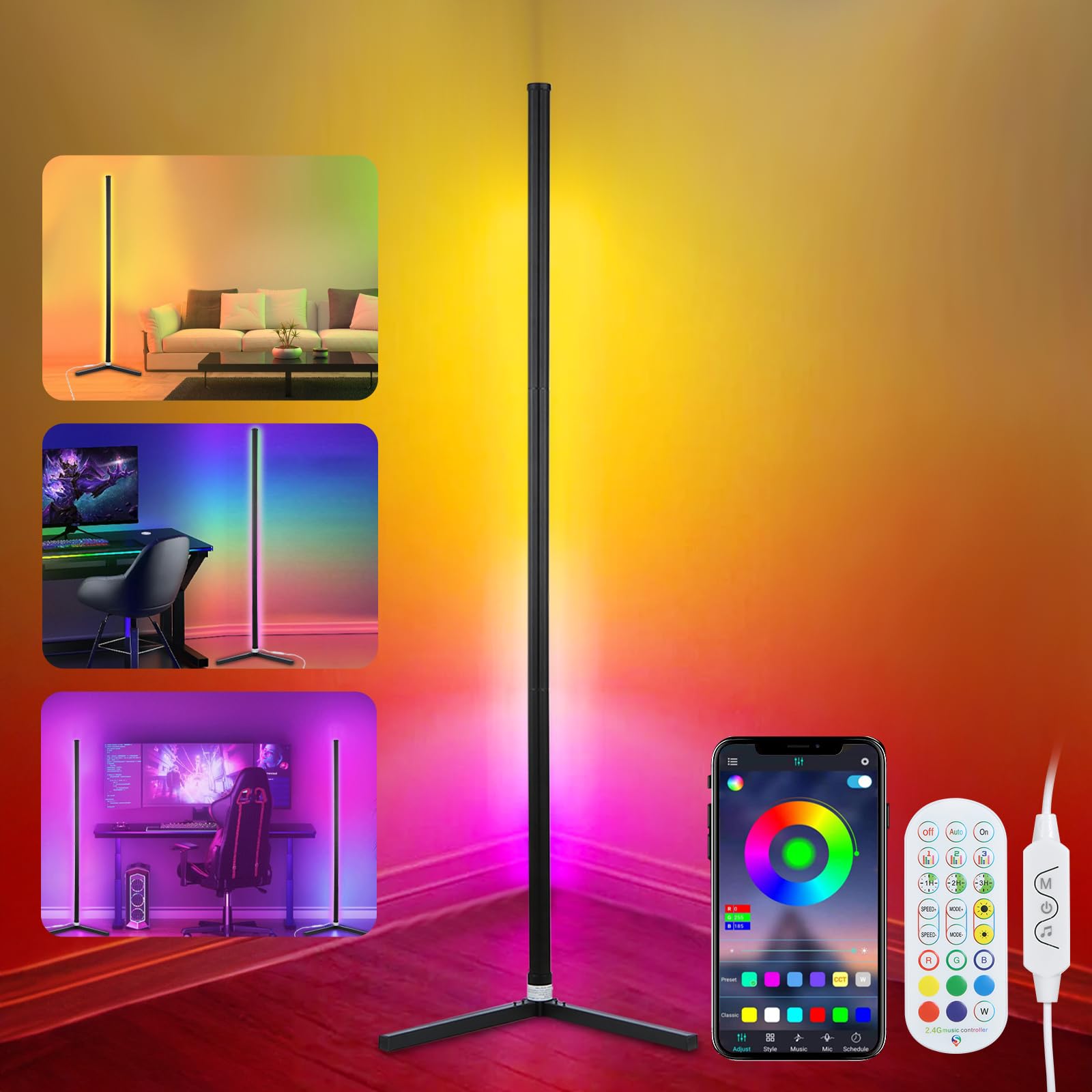 Neoglint Lámpara de Pie LED,lampara de pie RGB regulable,16 millones de colores, Con control remoto, control de App, sincronización de música, modo temporización/DIY, adecuada para salón, dormitorio