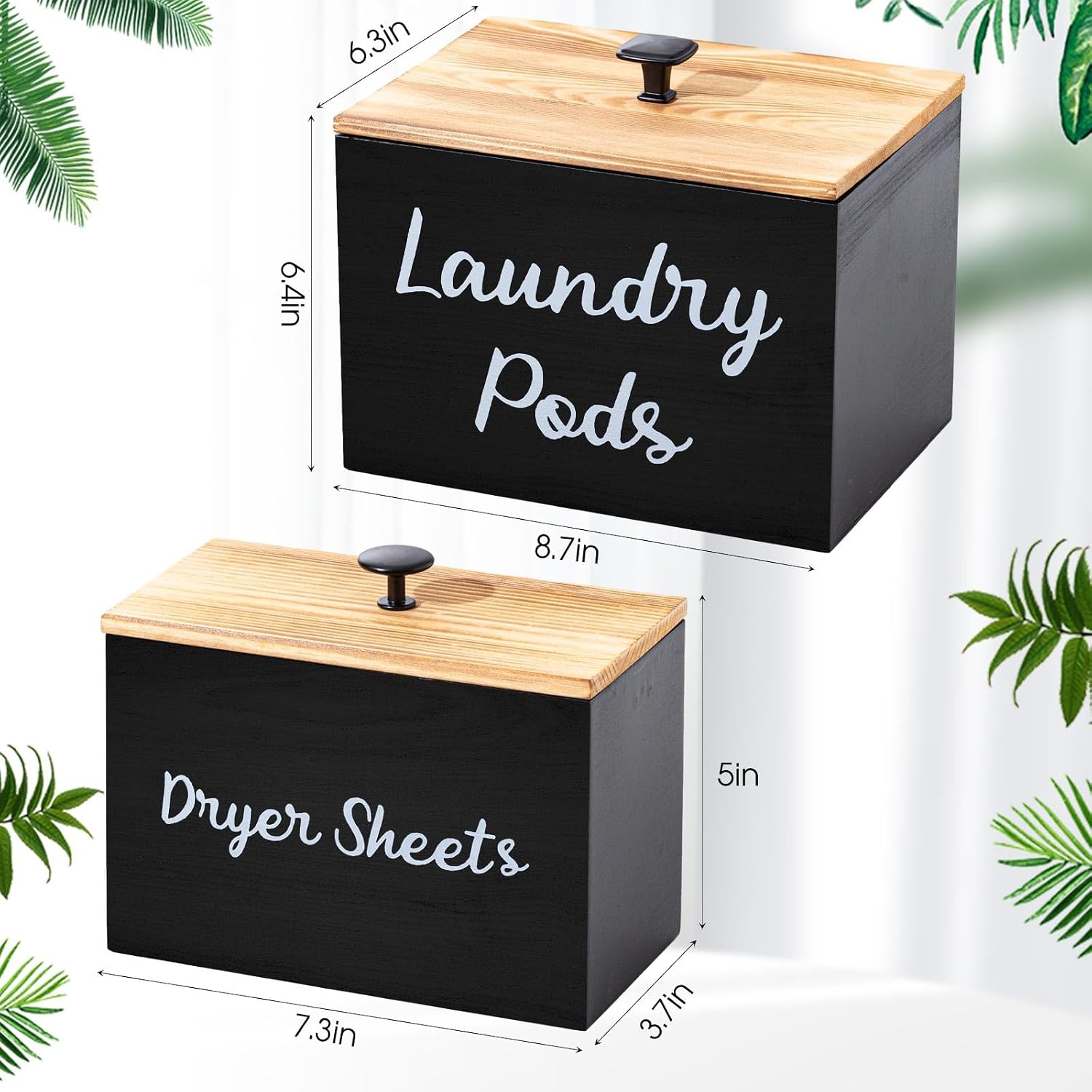 Dandat 2 Pcs Wood Rustic Laundry Dryer Sheet Holder Pod Container with Lid 8.7 x 6.3 x 6.4 Inch Laundry Pod Holder 7.3 x 3.7 x 5 Inch Dryer Sheet Dispenser Wooden Box Container(Black)