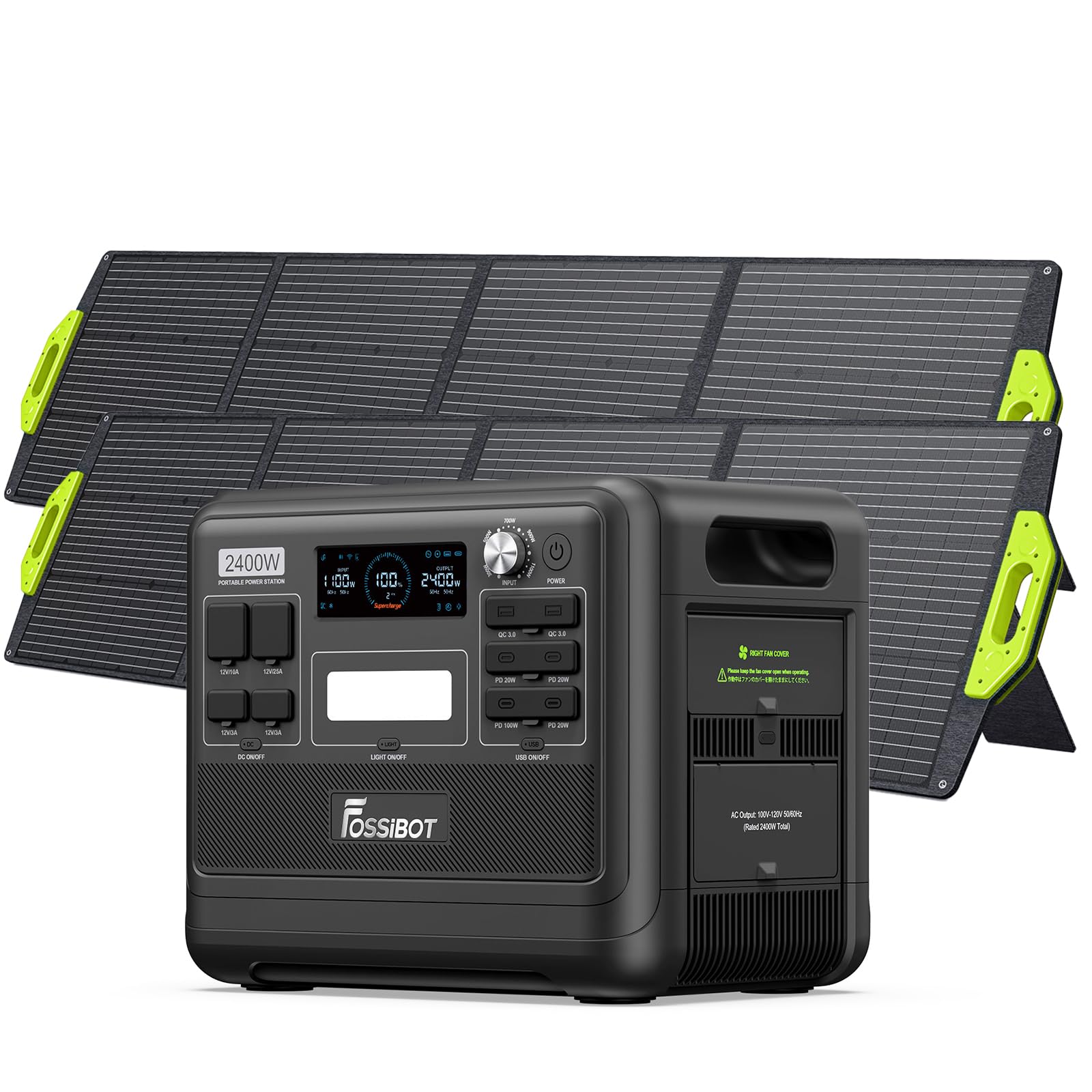 FOSSIBOTF2400 Solar Generator 2400W/2048Wh,Portable Power Station With 2X200W Solar Panel, LiFePO4 (4800W Peak), 1.5H Fast Charging,for Home Backup, Outdoor Camping, RV, Emergency