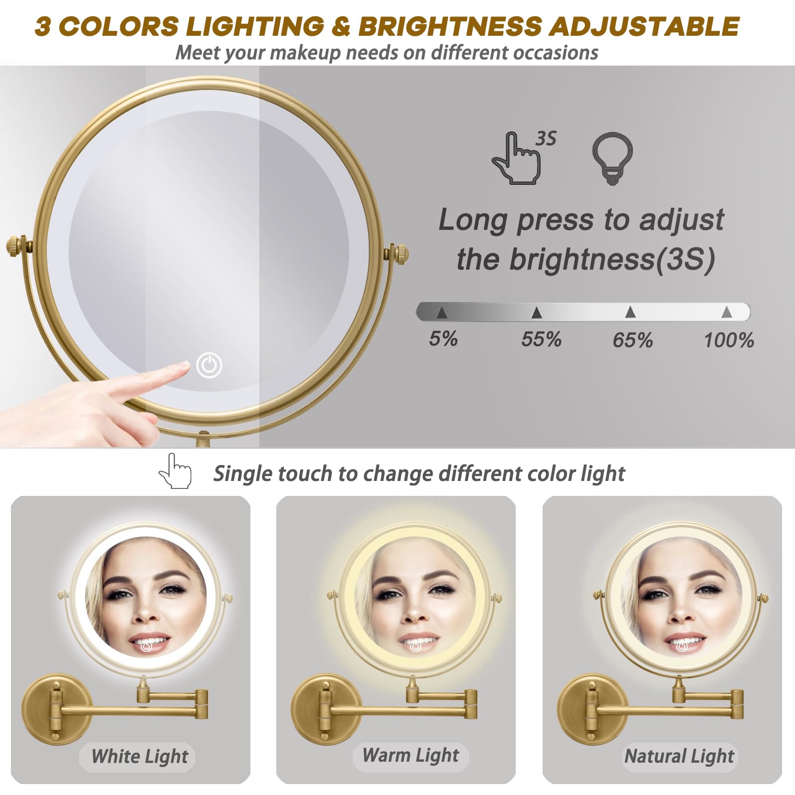 Specchio da trucco illuminato da parete, specchio da trucco ricaricabile da 20,3 cm con ingrandimento a doppia faccia 1X/10X, specchio cosmetico a LED in 3 colori con funzione di memoria