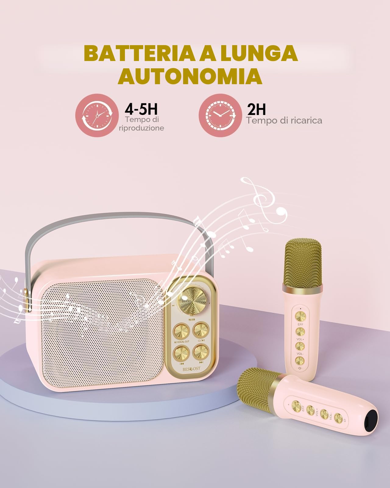 Karaoke per Bambini BESCOST Professionale Completo con 2 Microfoni Wireless,Cassa Portatile 7 Effetti Sonori,Idea Regalo Compleanno,Giocattolo Natale 5-14 Anni