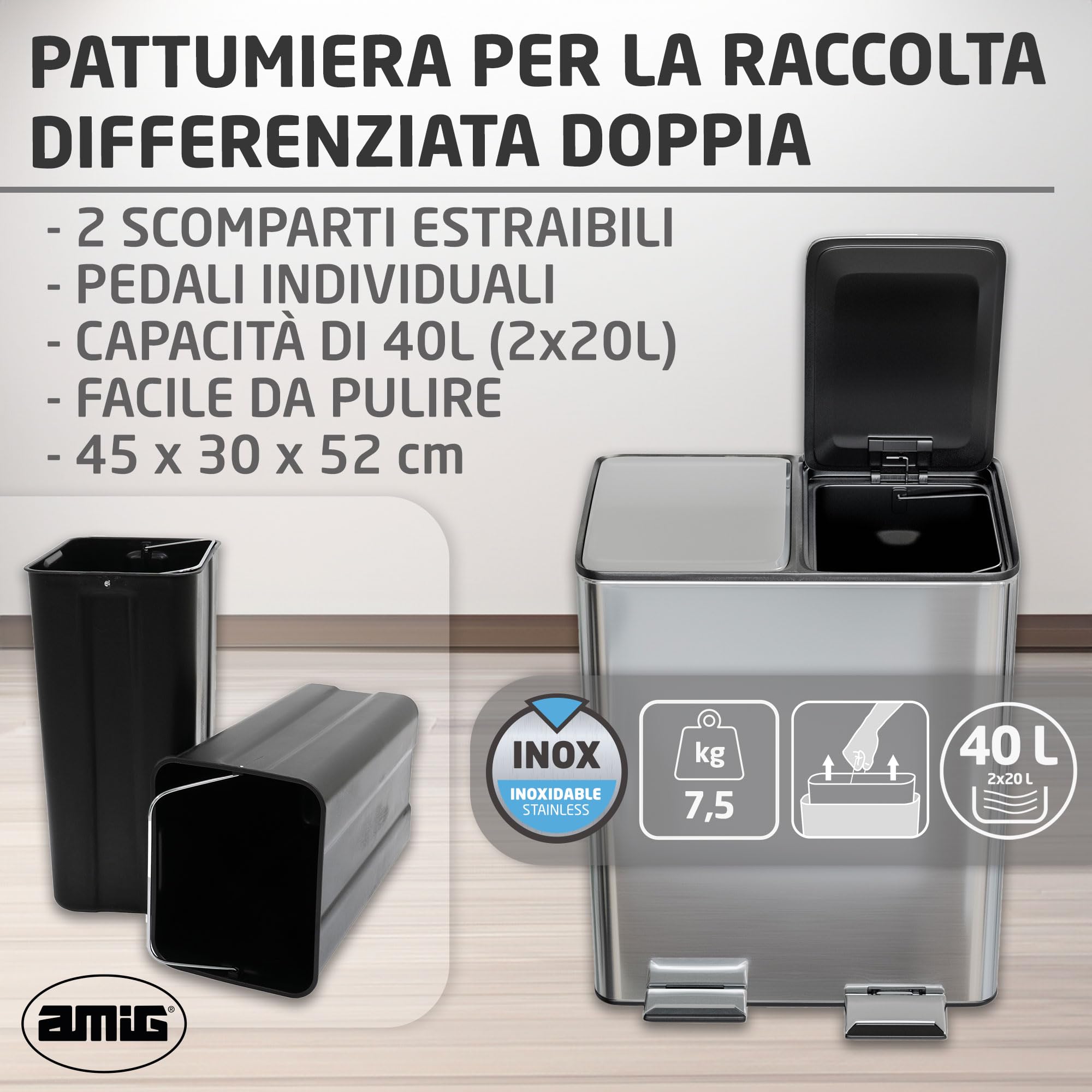 Amig - Pattumiera Doppia per Raccolta Differenziata con Pedali Mod. RECIK EVO 40 L - 2 Scomparti da 20 L ciascuno - Acciaio Inossidabile - 45 x 30 x 52 cm - Argento