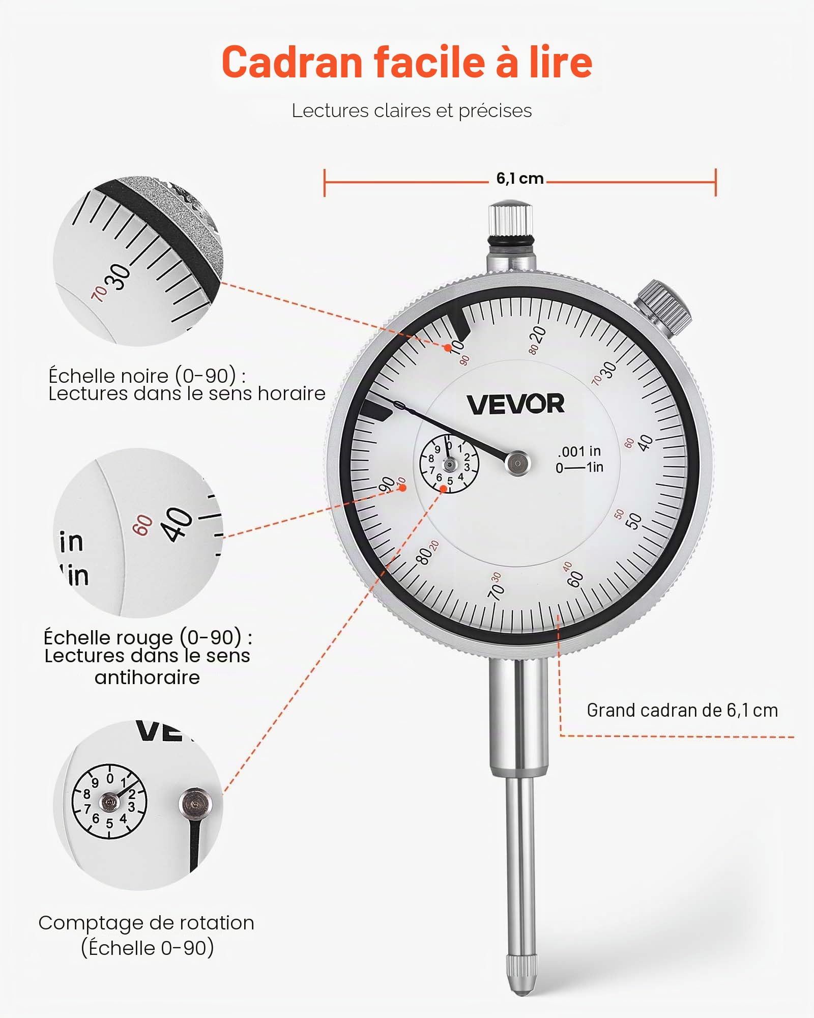 VEVOR Indicateur de Test à Cadran Gradué en pouces, Précision 0,03 mm, Plage de Mesure de 0 à 25,4 mm, Comparateur à Grand Cadran Professionnel pour Mesure du Diamètre Intérieur, Détection Faux-rond
