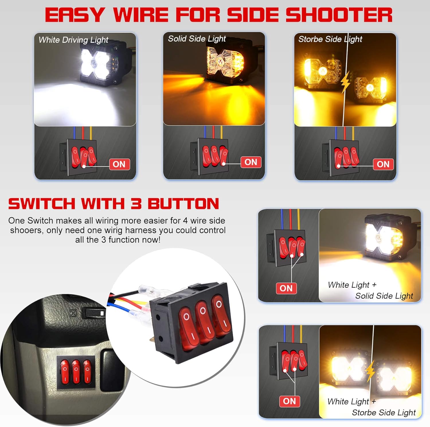 12V 4 Wire LED Side Shooter Pods Wiring Harness Kit with 3 On/Off Switches for Off Road, Heavy Duty Truck, ATV, SUV LED Work Light Pods