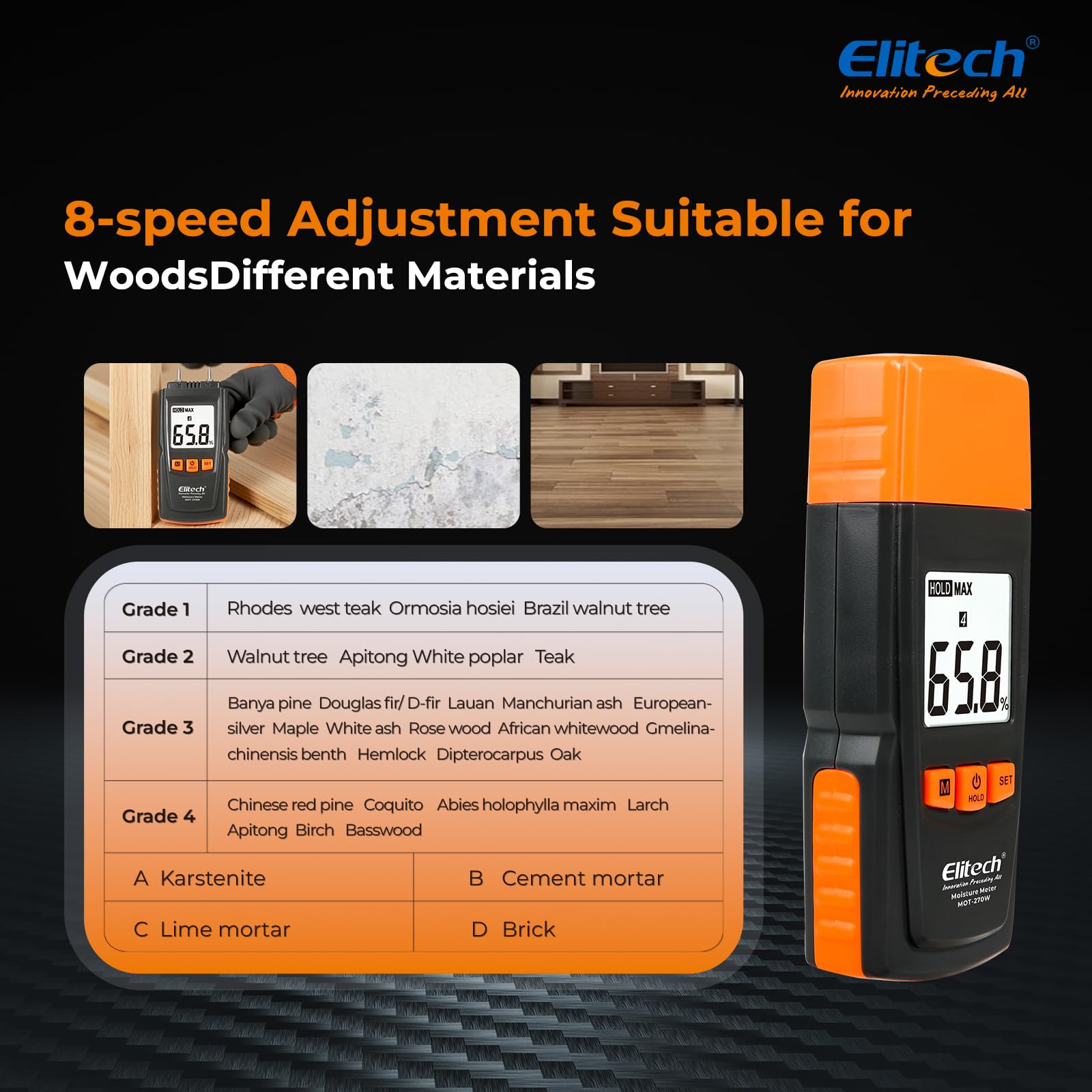 Elitech Humidimètre Numérique pour Bois MOT-270W, Testeur d'Humidité Précision ±2%, Sondes 9,8 mm